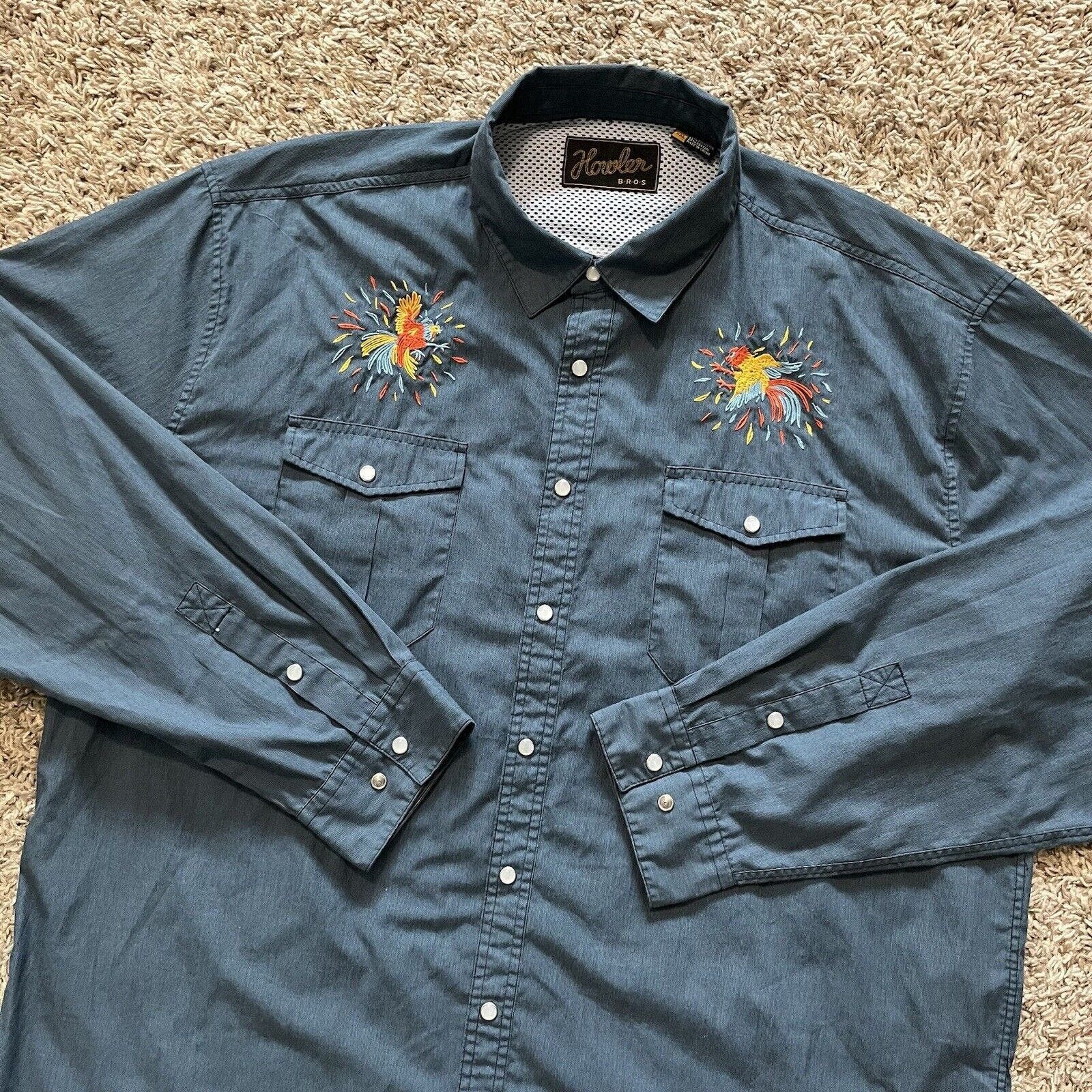 image of Gaucho Rooster Dos Gallos Pearl Snap Western Button Up Shirt in Blue, Men's (Size 2XL)