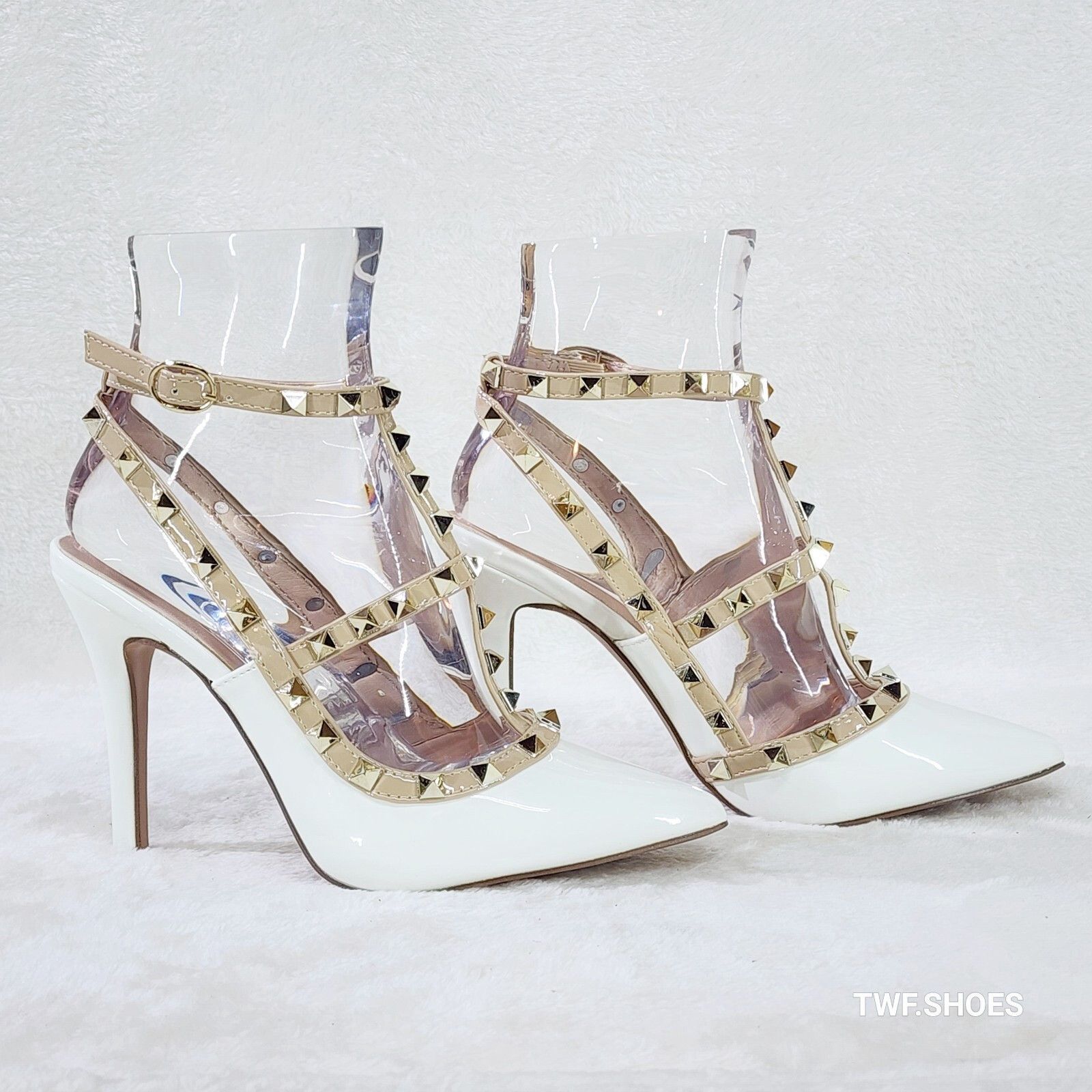 Other Caged White Patent Studded Strappy Stiletto High Heel Shoes Size US 8.5 / IT 38.5 - 1 Thumbnail