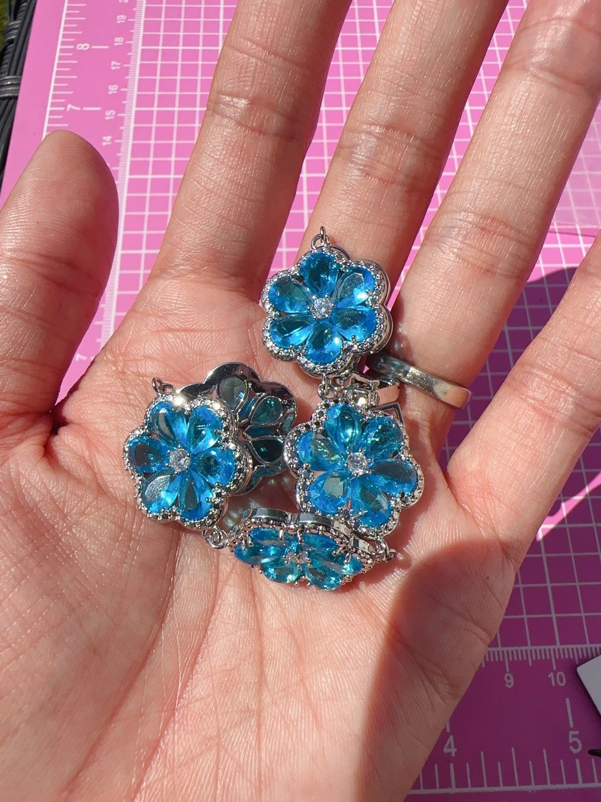 Designer Natasha 925 sterling silver Blue Cubic Zircon Crystal Flower Size ONE SIZE - 3 Thumbnail