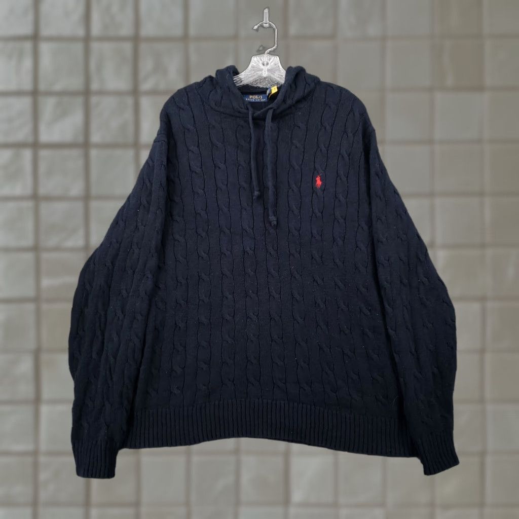 Polo Ralph Lauren Hooded Sweater Mens XL Navy Blue Cable Knit Pullover
