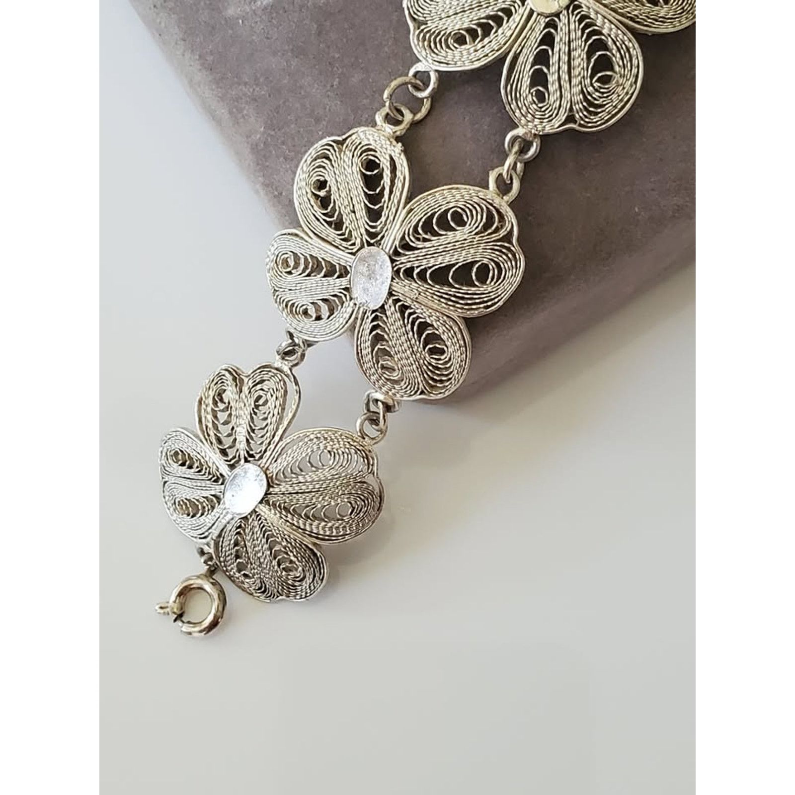 Other Vintage Silver Filigree Four Clover Link Bracelet – 6.25 in Size ONE SIZE - 3 Thumbnail