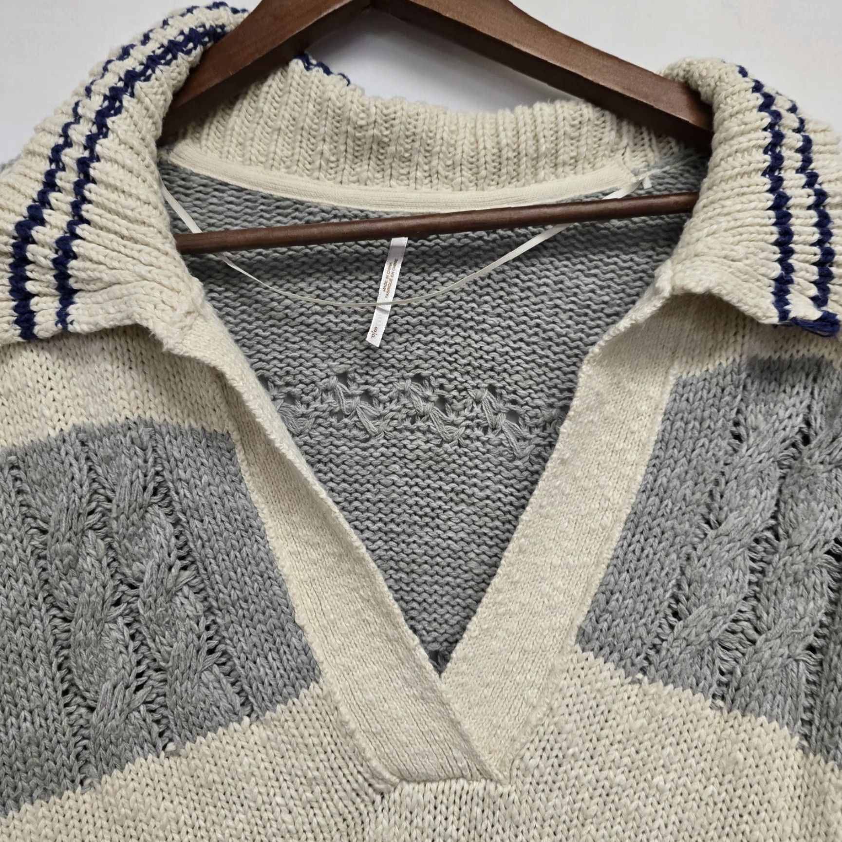 Free People Free People Sweater Womens Pullover Collar V Neck Striped Cable Knit Gray S Size S / US 4 / IT 40 - 4 Thumbnail
