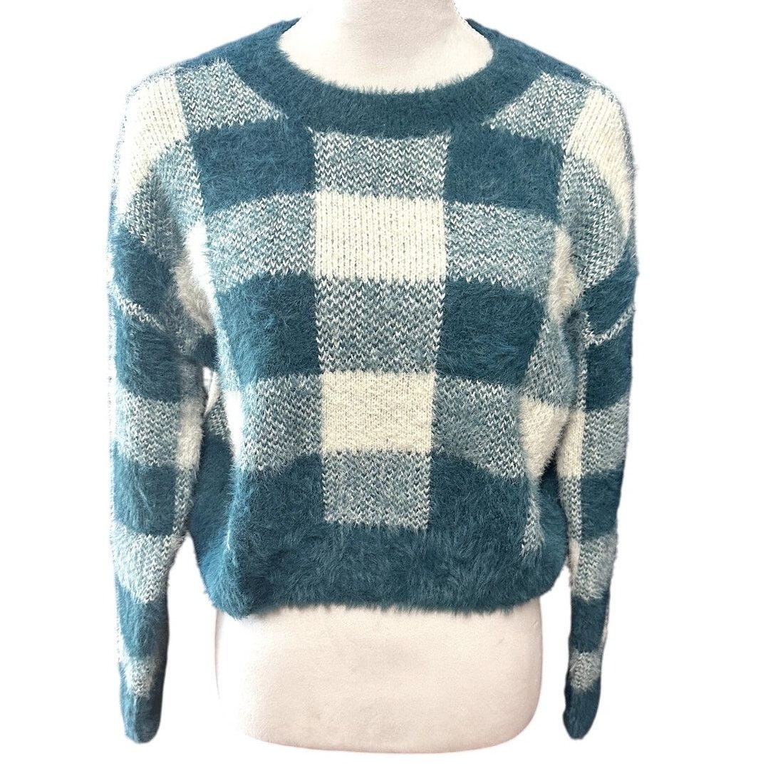 Other SO Crew Neck Drop Shoulder Fuzzy Green/Cream Plaid Sweater Size L / US 10 / IT 46 - 2 Thumbnail