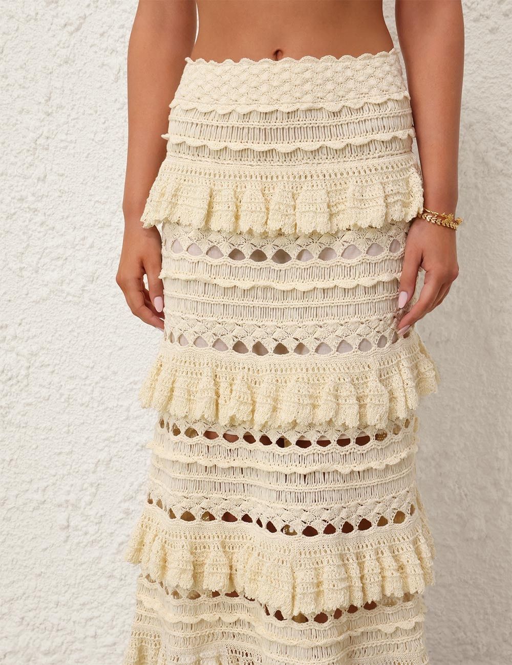 Zimmermann oc11z0525 Waverly Crochet Midi Skirt in Beige Size 26" / US 2 / IT 38 - 5 Thumbnail