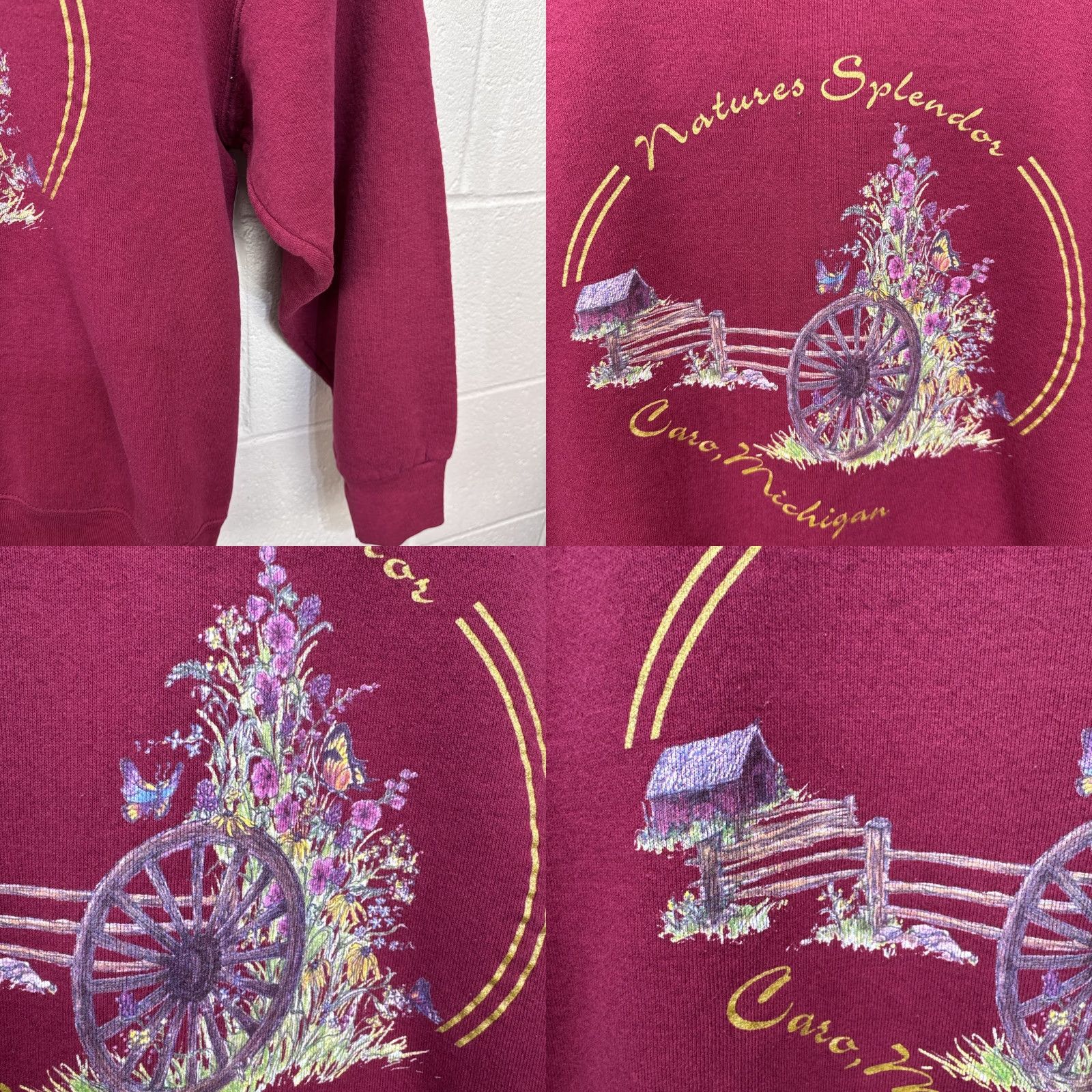 Fruit Of The Loom VINTAGE Fruit of the Loom Sweatshirt Crew Neck Large Red Michigan Barn Butterfly Graphic Print Unisex Adults 90s Grunge Fashion Size US L / EU 52-54 / 3 - 8 Thumbnail