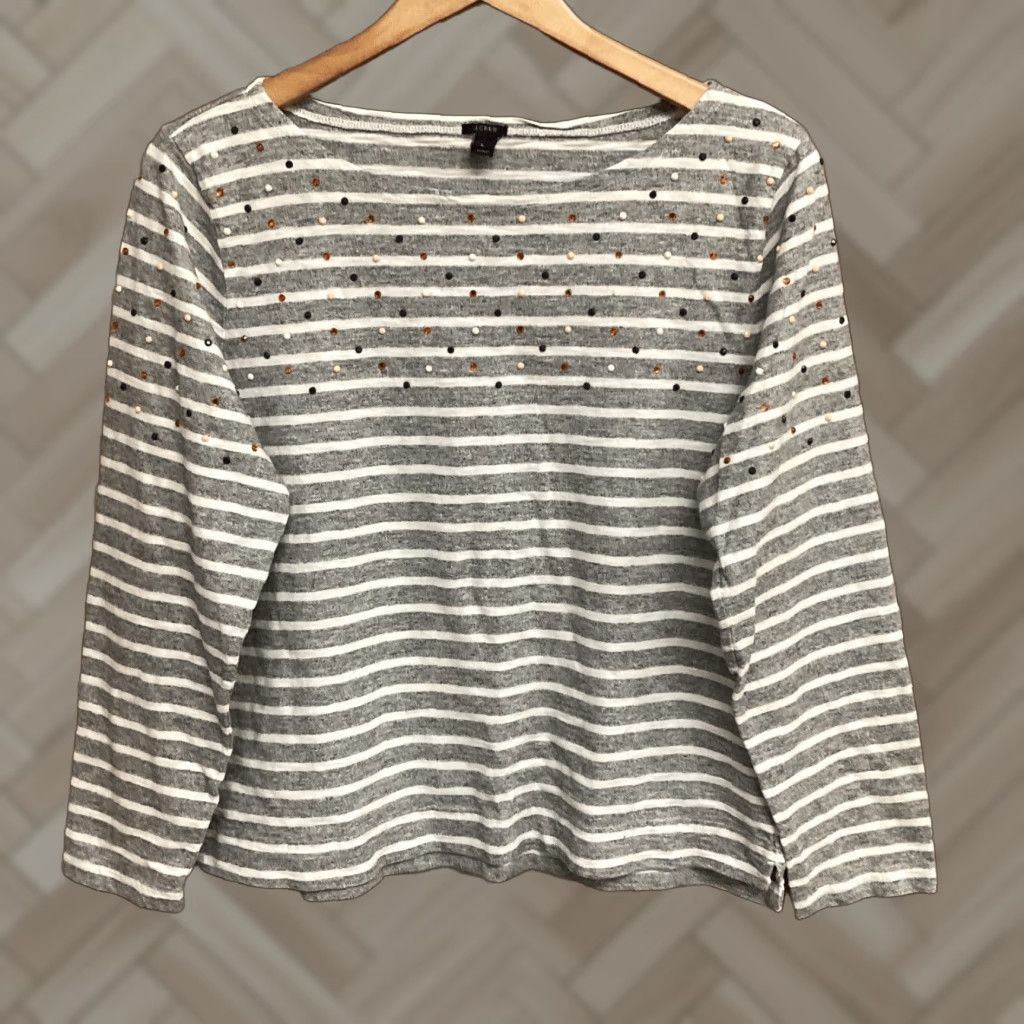 J.Crew J.CREW Womens Grey Round Neck Rhinestone Long Sleeve Top L Size L / US 10 / IT 46 - 1 Thumbnail