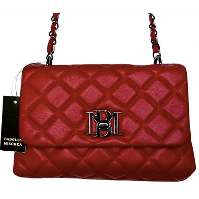 Badgley Mischka Designer Quilted Leather Red Silver Crossbody Purse Size ONE SIZE - 2 Thumbnail