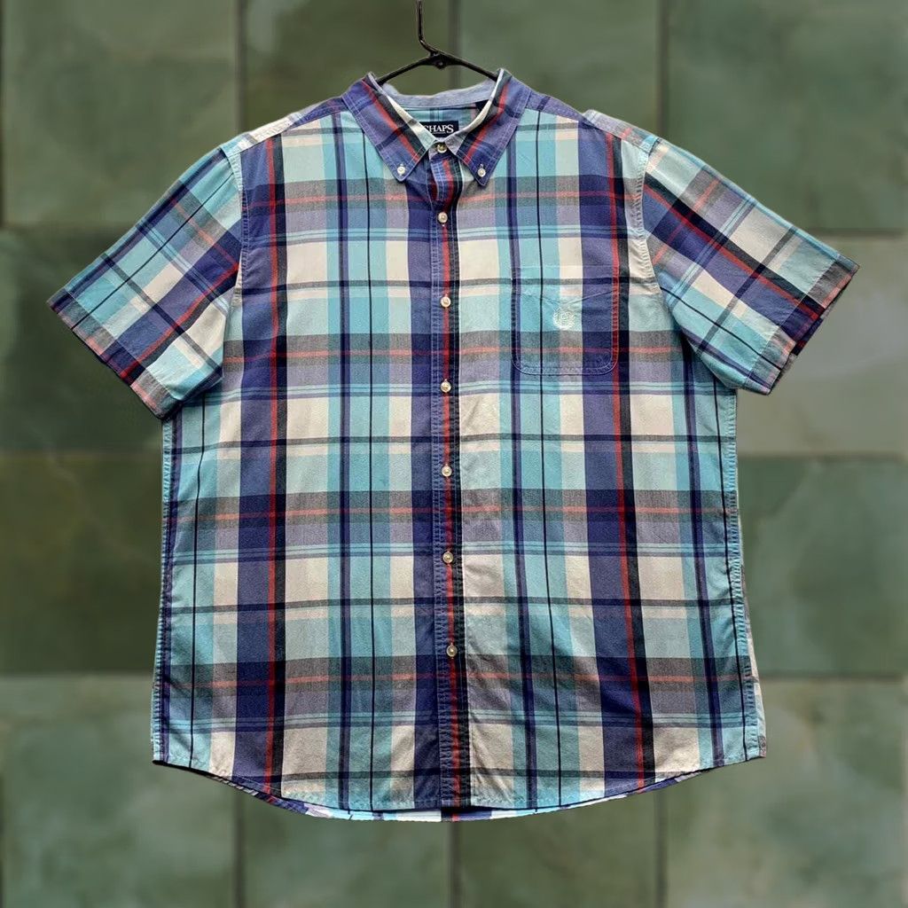 Chaps Keywords: "Chaps," "Shirt," "Easy Care," "Mens," "XL," "Blue," "White Plaid," "Casual," "Comfort," "Dad," "Preppy" - all highly relevant to the item Size US XL / EU 56 / 4 - 1 Thumbnail