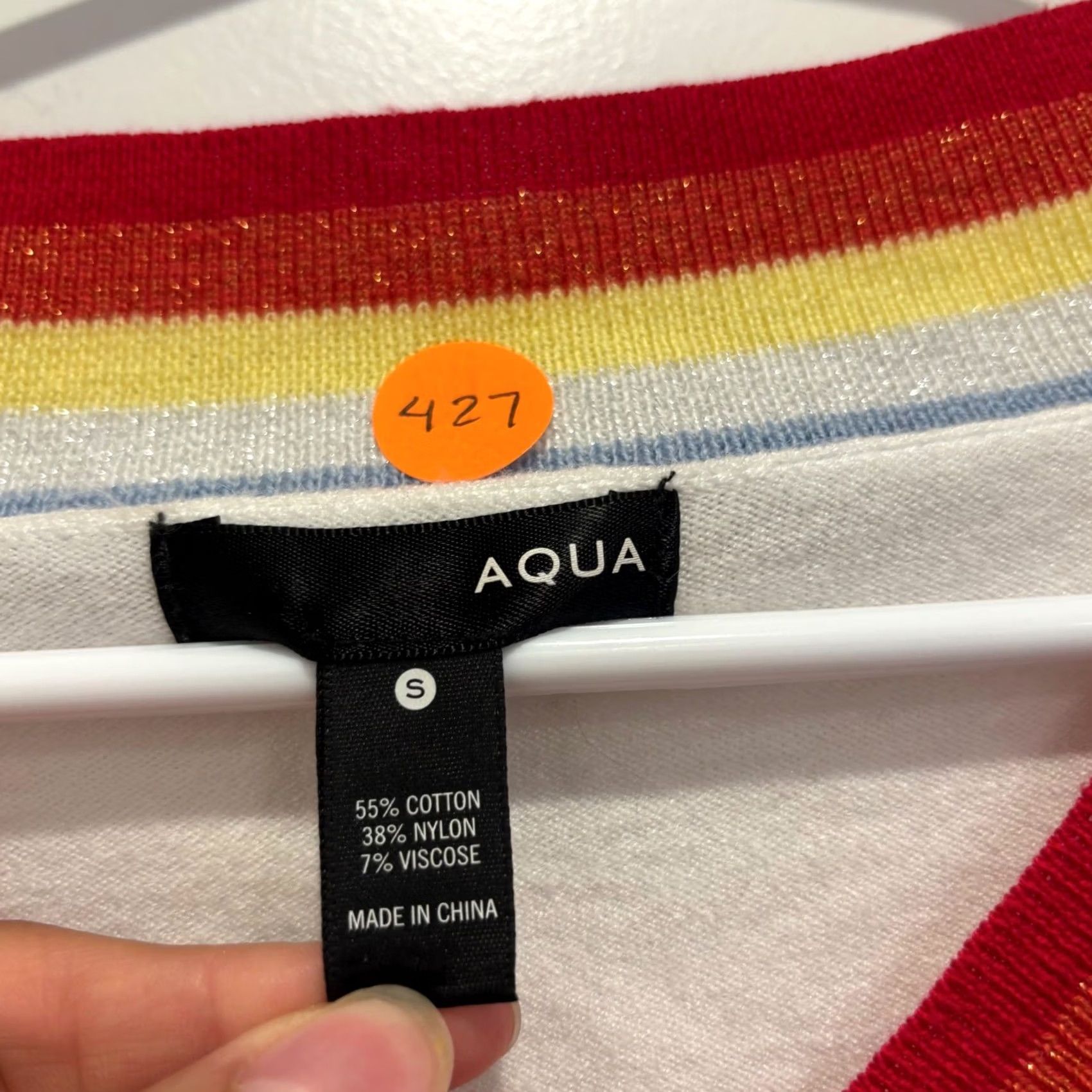 AQUA Aqua Womens V-Neck Rainbow Striped Metallic Trim Knit Sweater Small Ivory Size S / US 4 / IT 40 - 2 Thumbnail