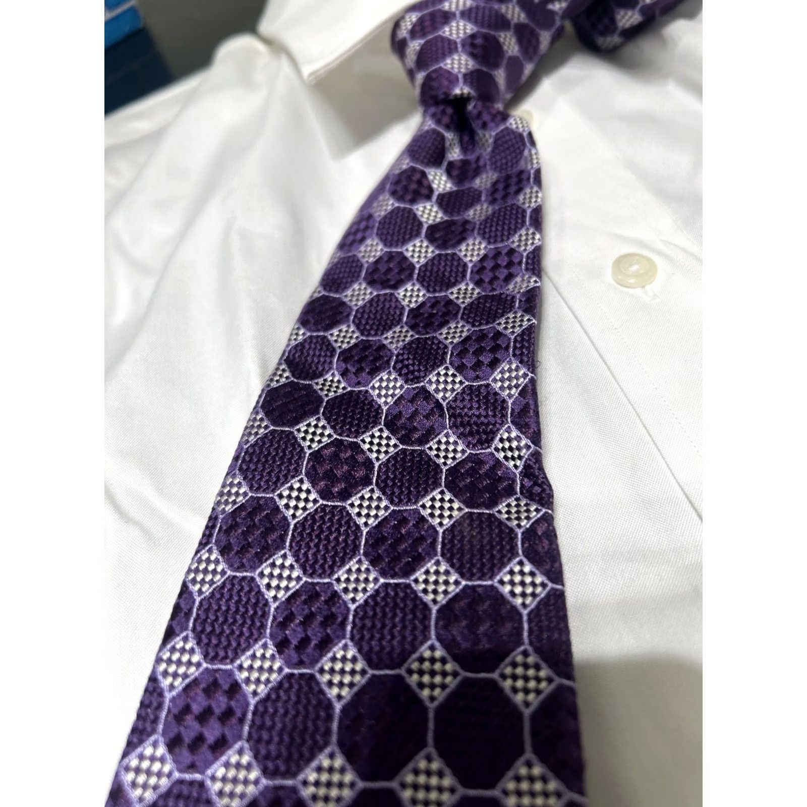 Vintage Hickey Freeman Necktie Purple Geometric Cross Silk Handmade in USA Tie Men One Size Classic Width Adjustable Vintage No Size ONE SIZE - 2 Thumbnail