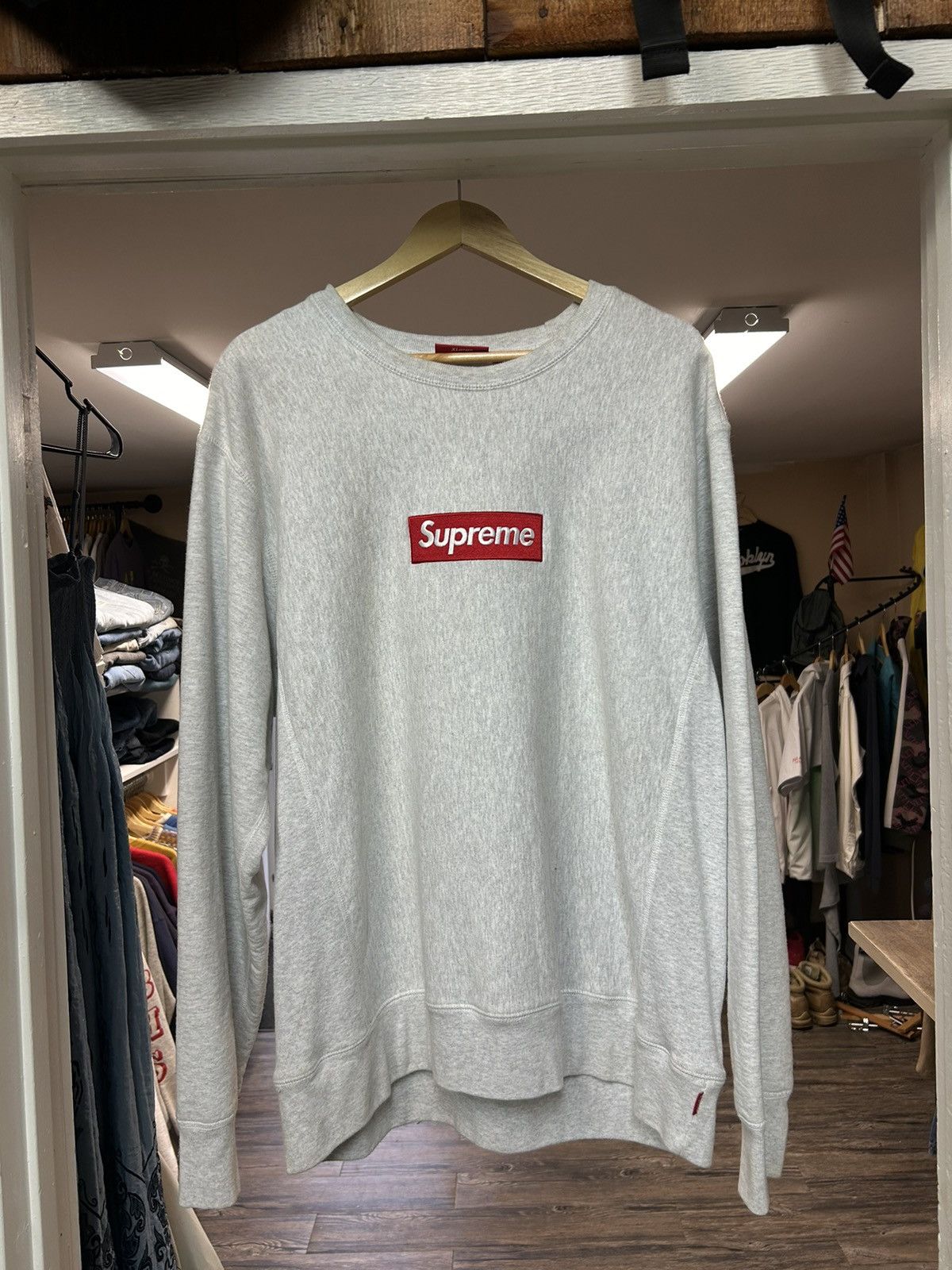 image of Classic Grey Supreme Box Logo Crewneck, Men's (Size XL)