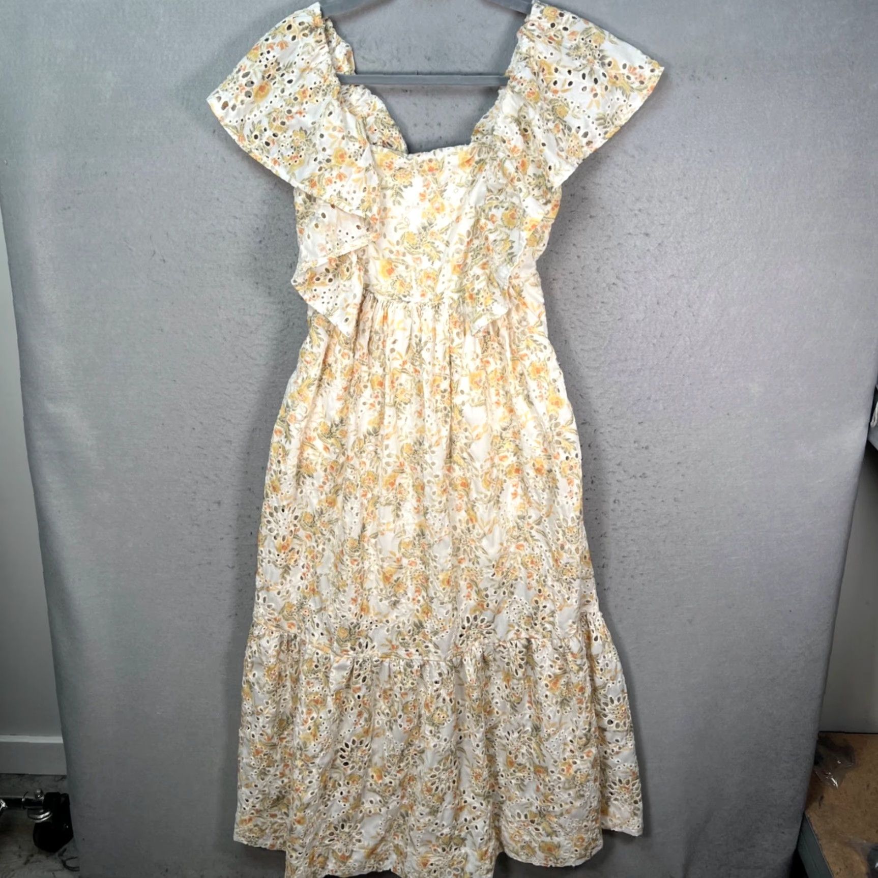 Vintage En Saison Womens Dress Midi En Saison Floral Eyelet Ruffle Yellow / White Puff Sleeve A-Line Maxi Casual Party/Cocktail Summer Spring Womens Medium Size M / US 6-8 / IT 42-44 - 2 Thumbnail