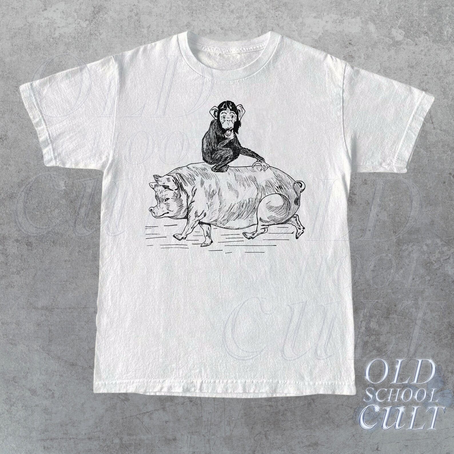 The Unbranded Brand Monkey Riding Pig Vintage Graphic T Shirt Size US L / EU 52-54 / 3 - 3 Thumbnail