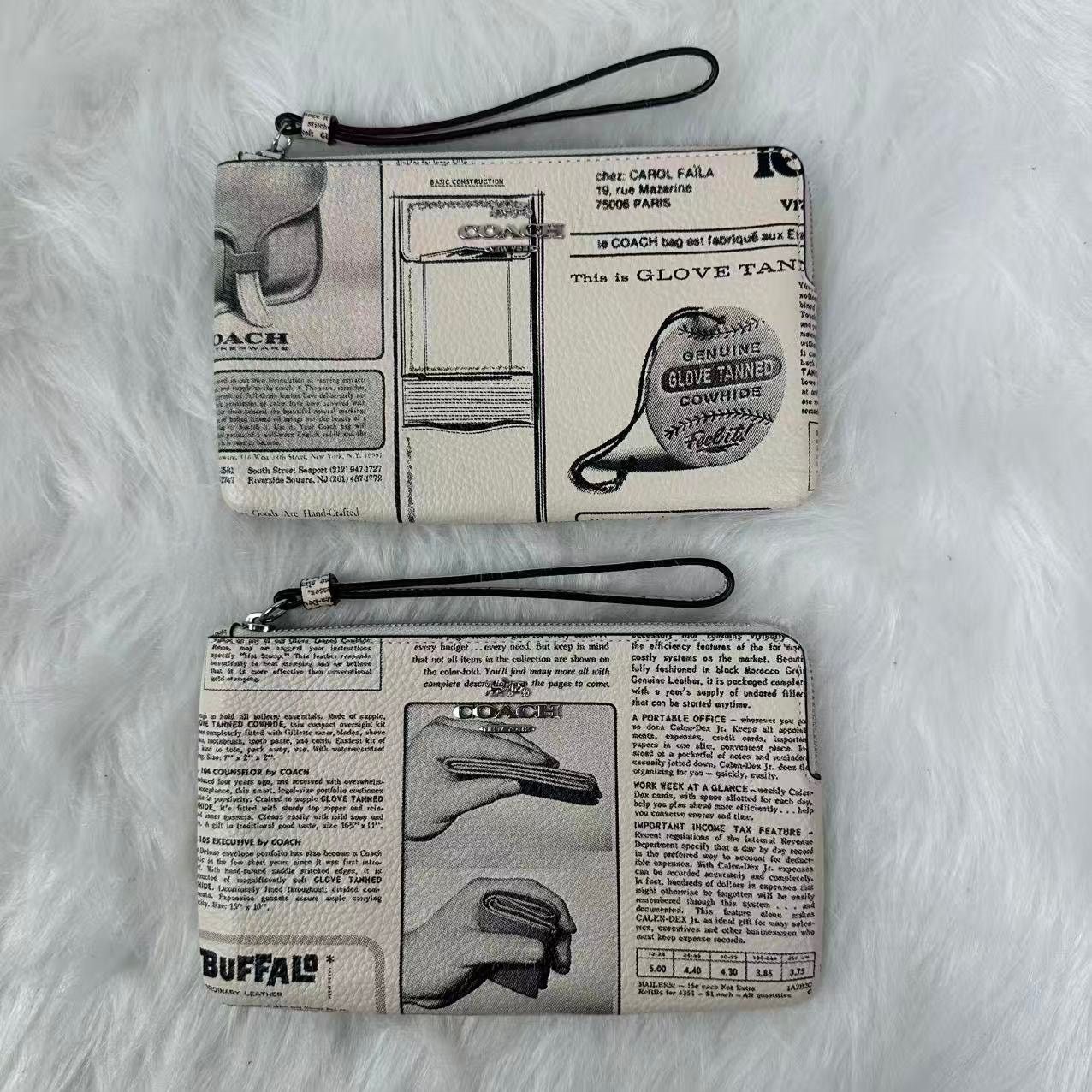 Coach Large Corner Zip Wristlet Newspaper Print Silver/Chalk