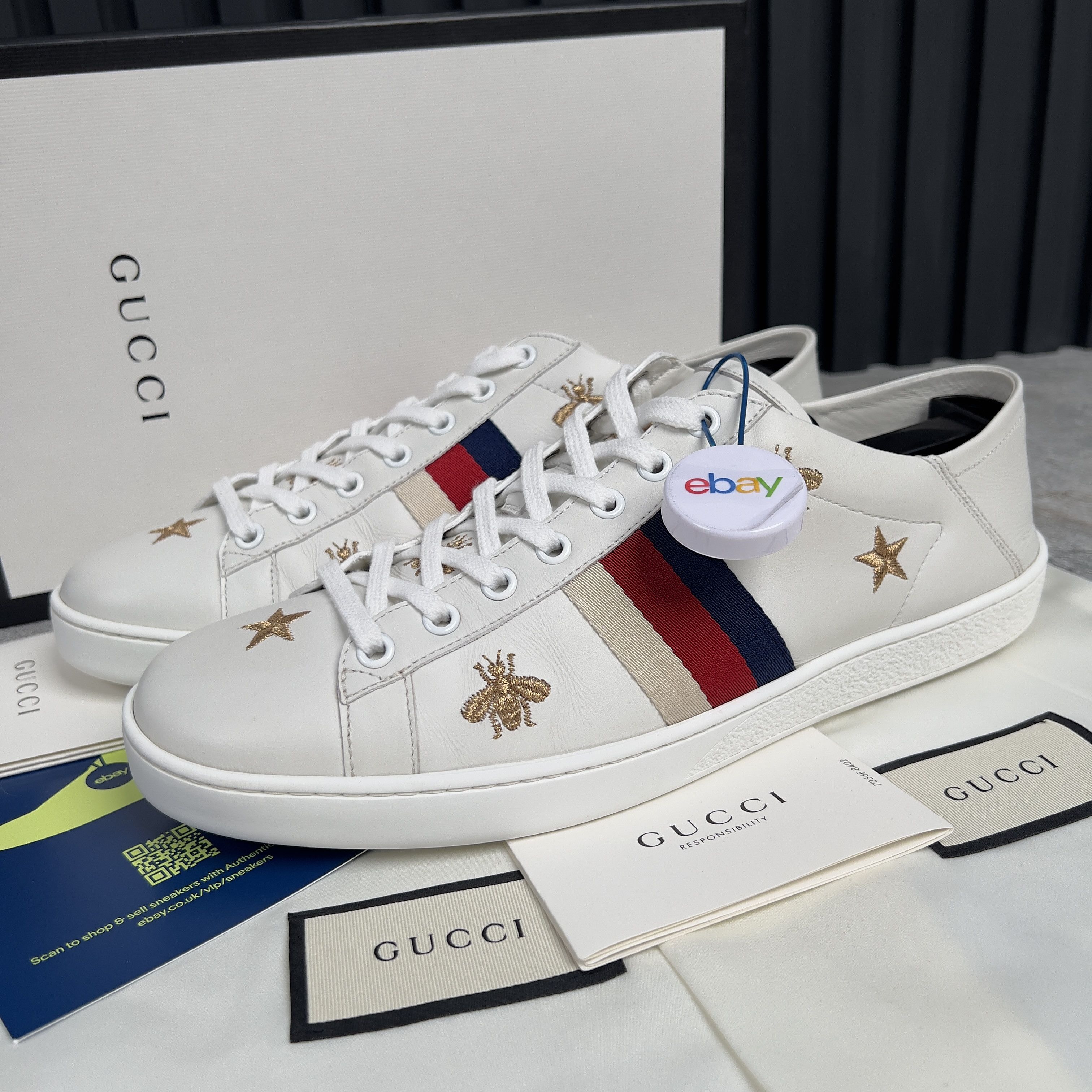 Gucci Ace Web Sneakers Stars Bees Embroidered Leather Size US 11 / IT 41 - 1 Thumbnail