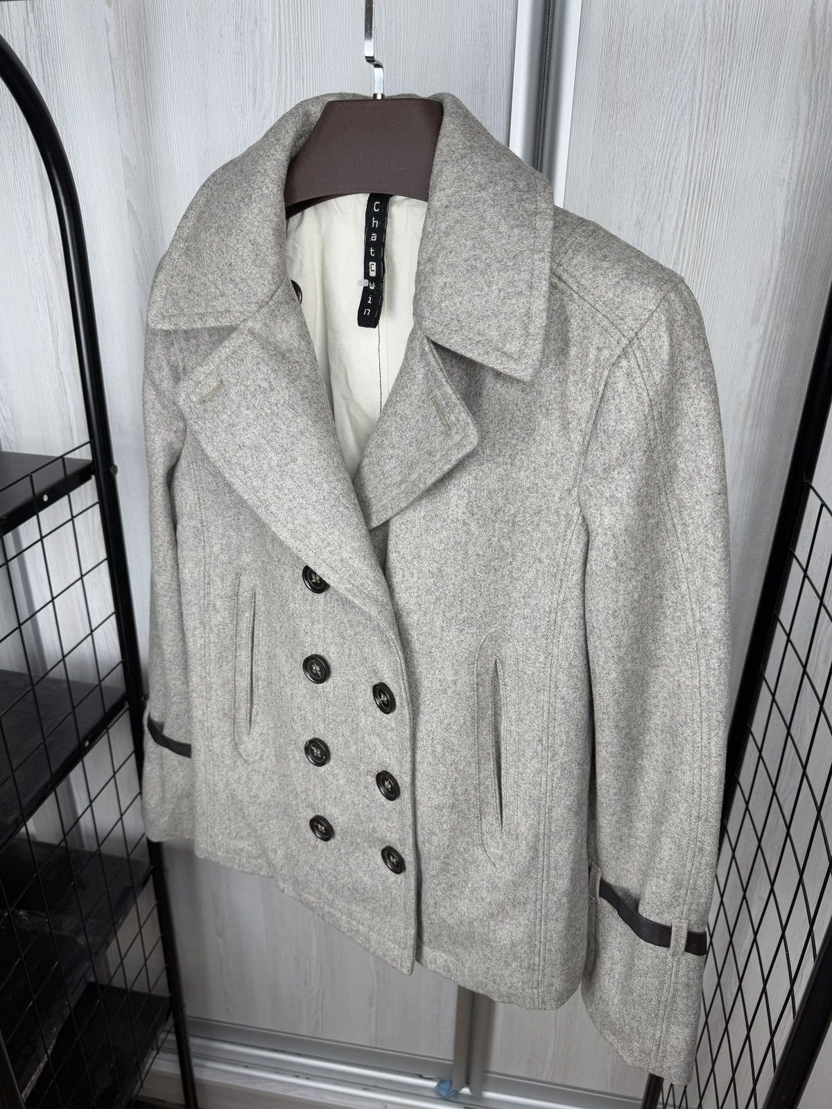 Other ChatCwin Grey Wool Double-Breasted Coat leather trim size 46 Size L / US 10 / IT 46 - 6 Thumbnail