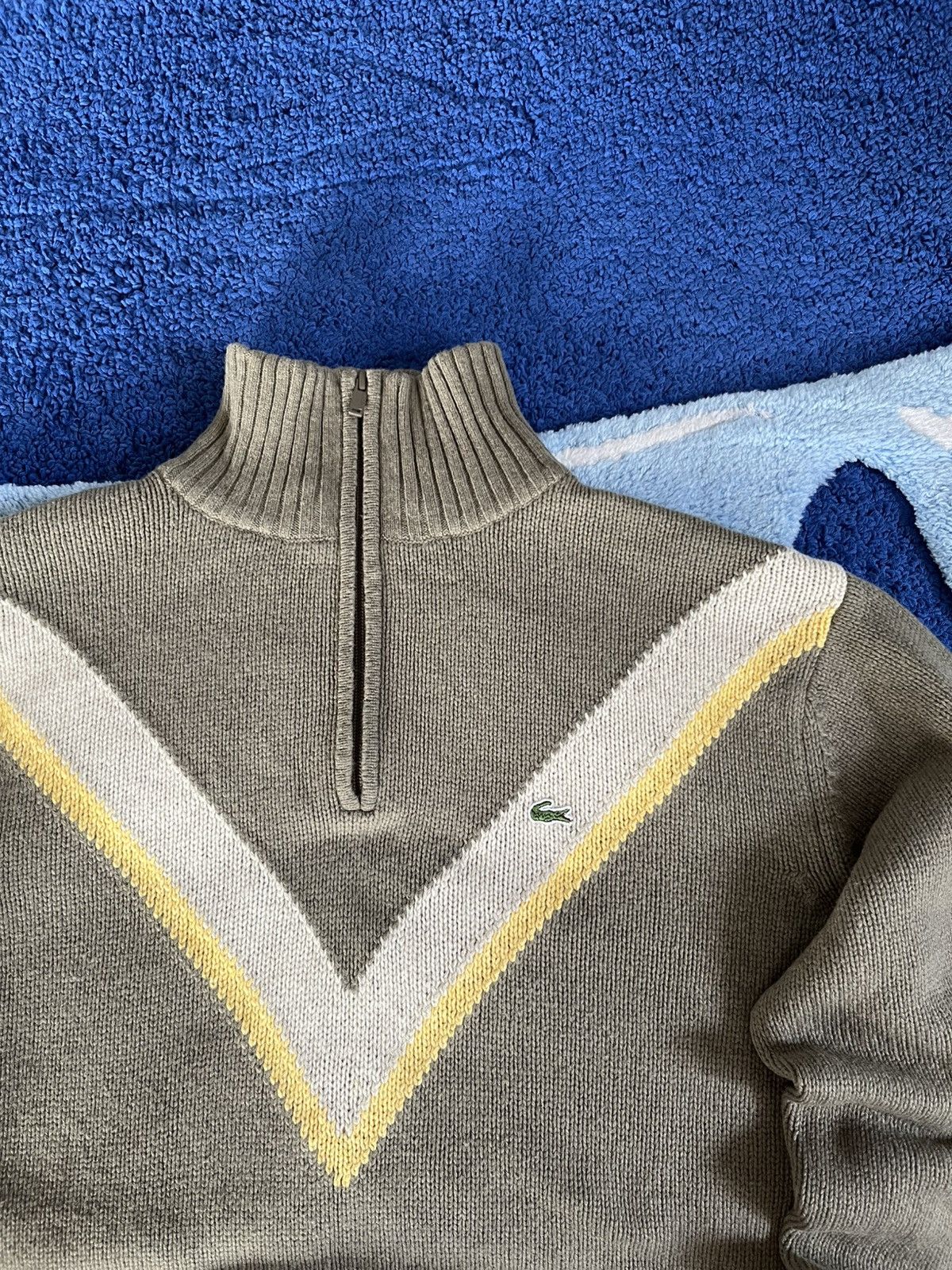 Lacoste Vintage Lacoste Quarter Zip Knit Sweater Olive V-Stripe Size US XL / EU 56 / 4 - 5 Thumbnail
