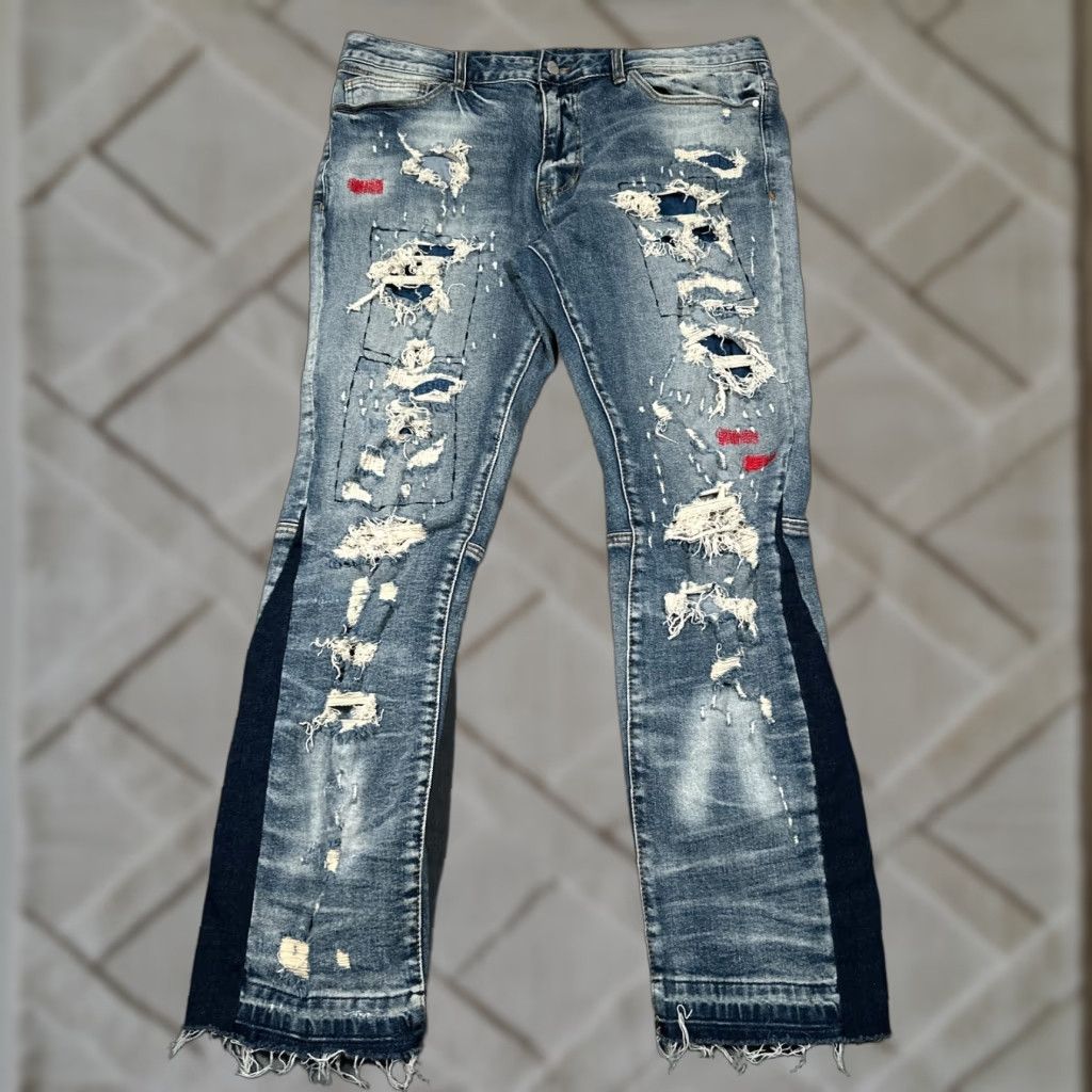 Buckle First Row Jeans Mens 38x32 Blue Indigo Distressed Ripped