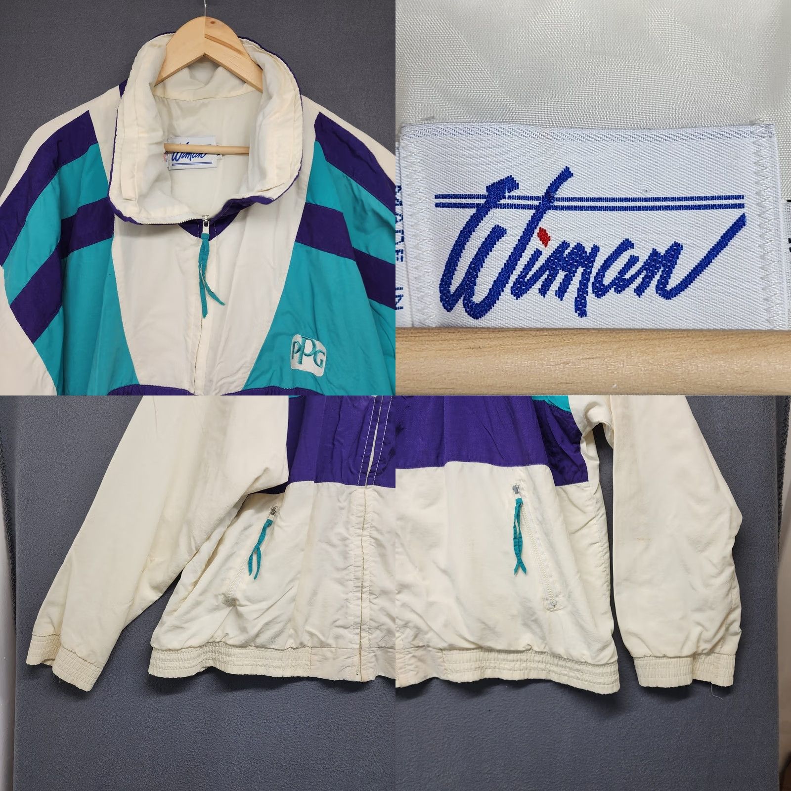 Vintage VINTAGE Wigman Windbreaker Jacket XXL White Turquoise Nylon PPG Made in USA 80s Mens Zip Windbreaker Jacket 2XL White Turquoise Mens Size US XXL / EU 58 / 5 - 9 Thumbnail