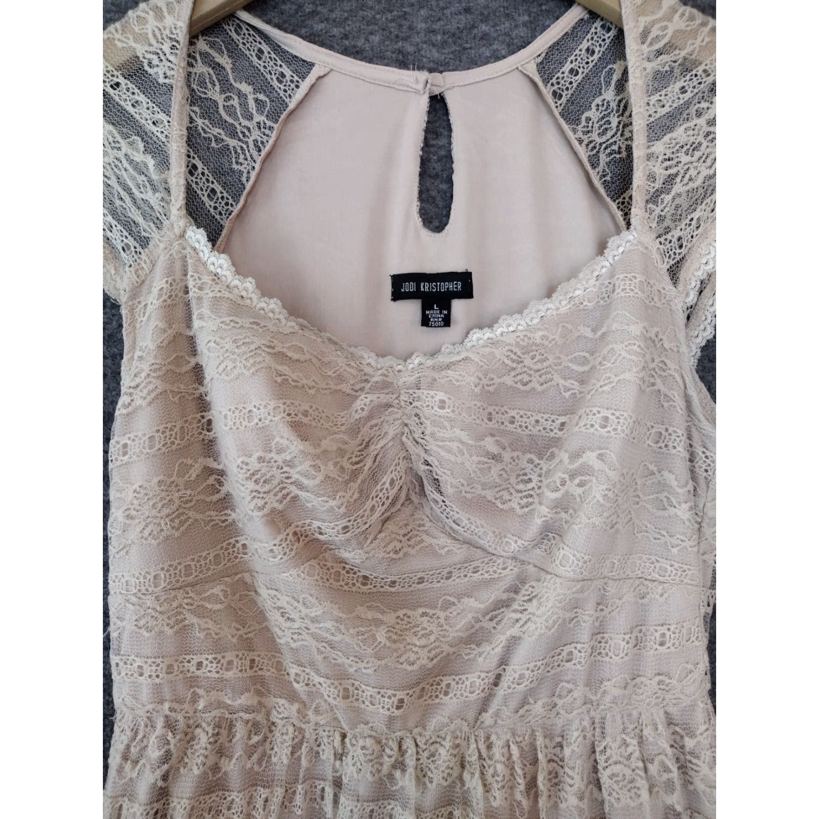 Vintage Jodi Kristopher Fit & Flare Dress Women's L Pink/Tan Floral Lace Cap Sleeve Short Vintage? No Size S / US 4 / IT 40 - 3 Thumbnail