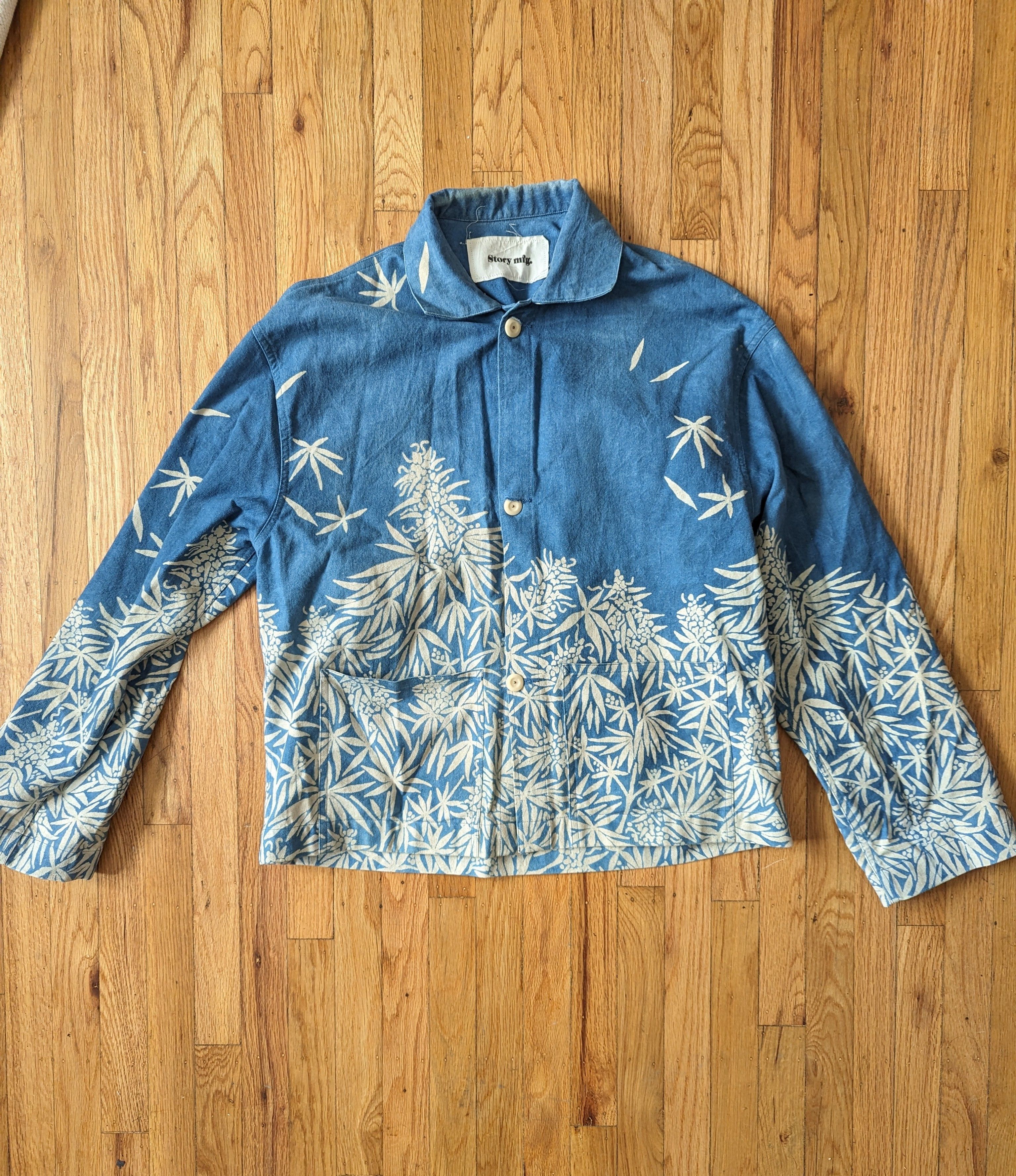 Pre-owned Story Mfg. . Printed Organic-cotton Canvas Overshirt In Blue