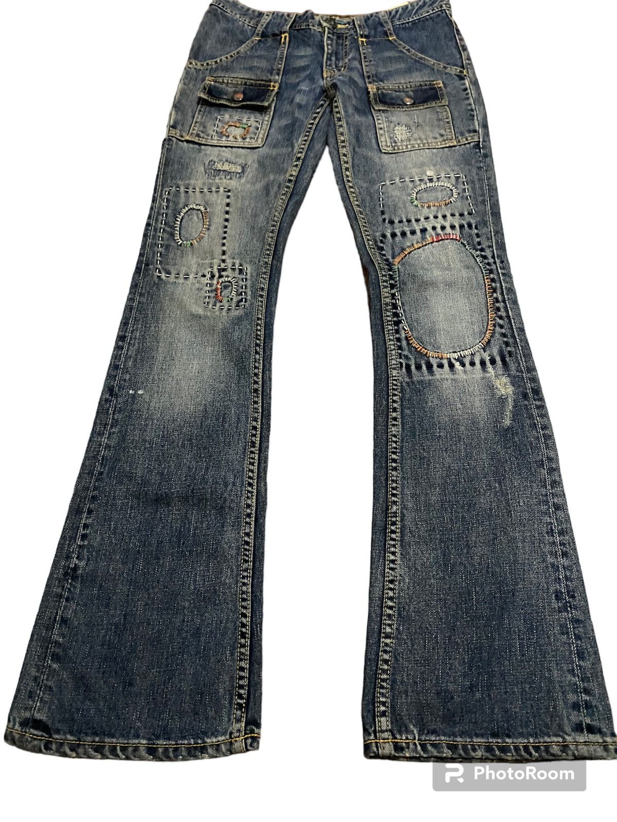 image of Hysteric Glamour x Tornado Mart Japan Flare Jeans Back Number Patchwork Boot Cut Bust Pants in Blue
