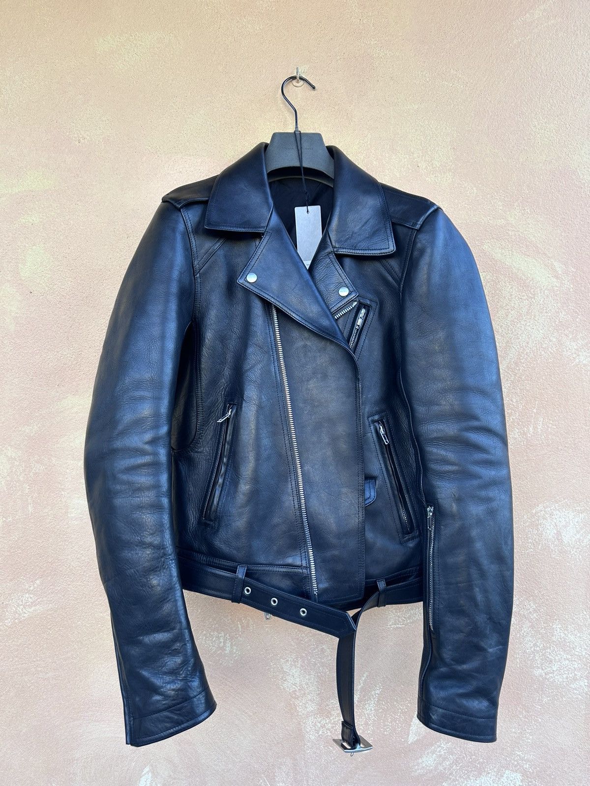 image of Rick Owens Black Calf Leather Biker Jacket New Men 48 W/tag Margiela (Size Medium)