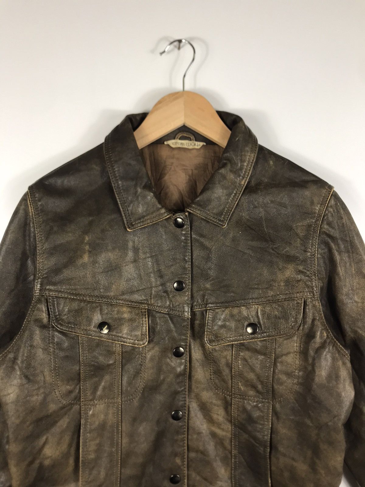 Japanese Brand × Vintage ⚡️Vintage Cross-Way Distressed Faded Leather Trucker Jacket Size XS / US 0-2 / IT 36-38 - 4 Thumbnail