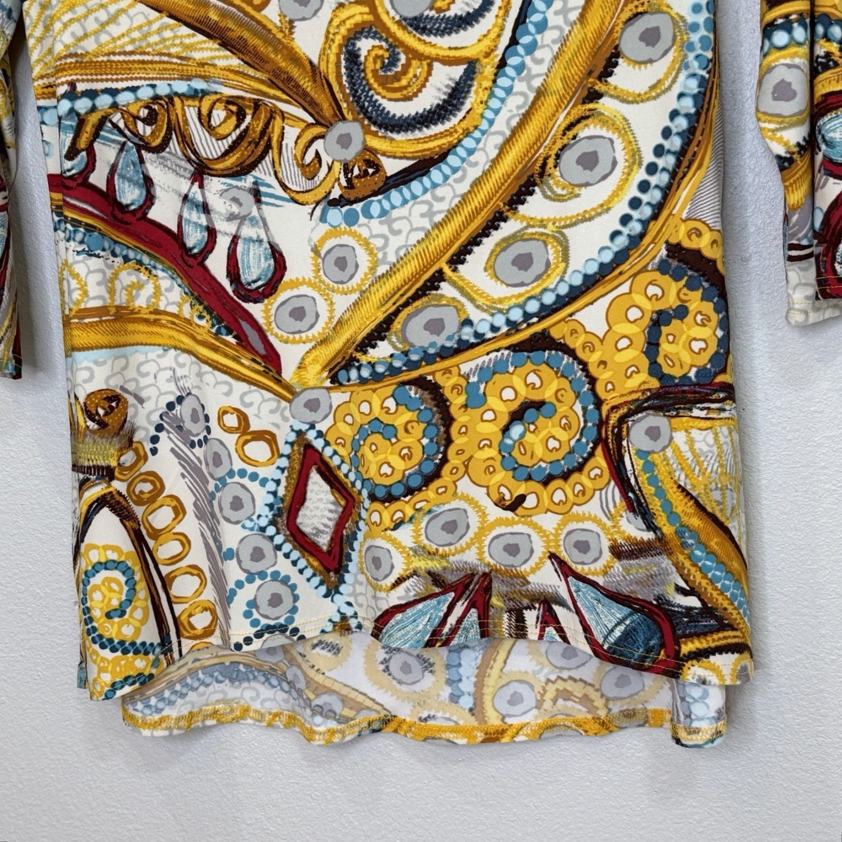 Vintage VINTAGE Attitudes by Renee Como Jersey Asymmetric Neckline Tunic Top Women's Medium Yellow Paisley Print 3/4 Sleeve Stretch Size M / US 6-8 / IT 42-44 - 5 Thumbnail
