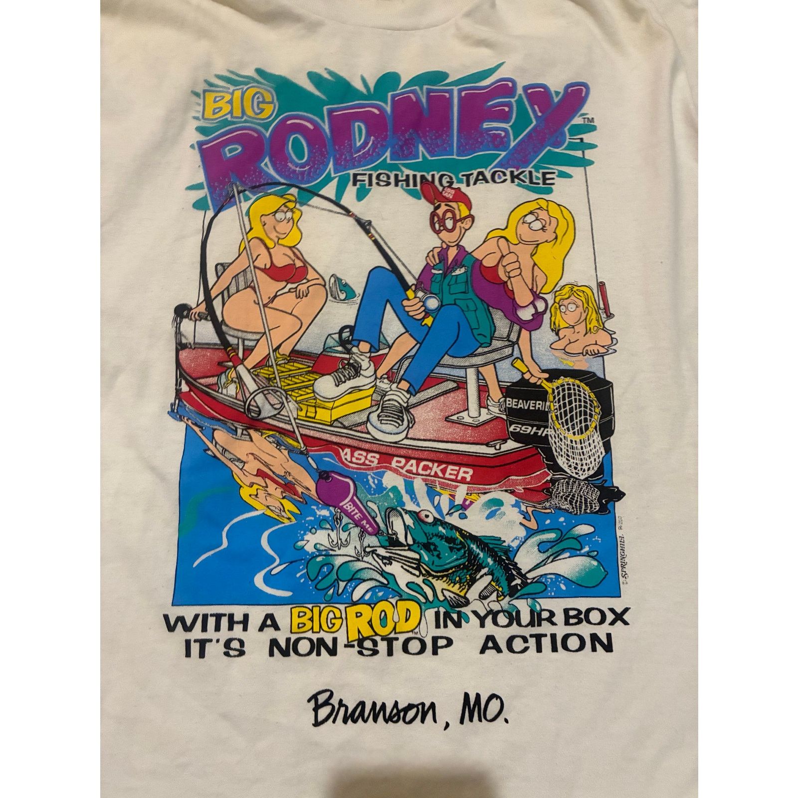 Fruit Of The Loom Vntge Big Rodney Fishing Tackle Branson MO T-Shirt Lrg White Size US L / EU 52-54 / 3 - 1 Thumbnail