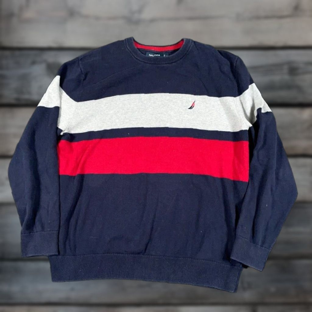 Nautica VINTAGE Y2K Style Sweater Adult XL Blue Gray Red Striped Lightweight Cotton Knit Size US XL / EU 56 / 4 - 1 Thumbnail