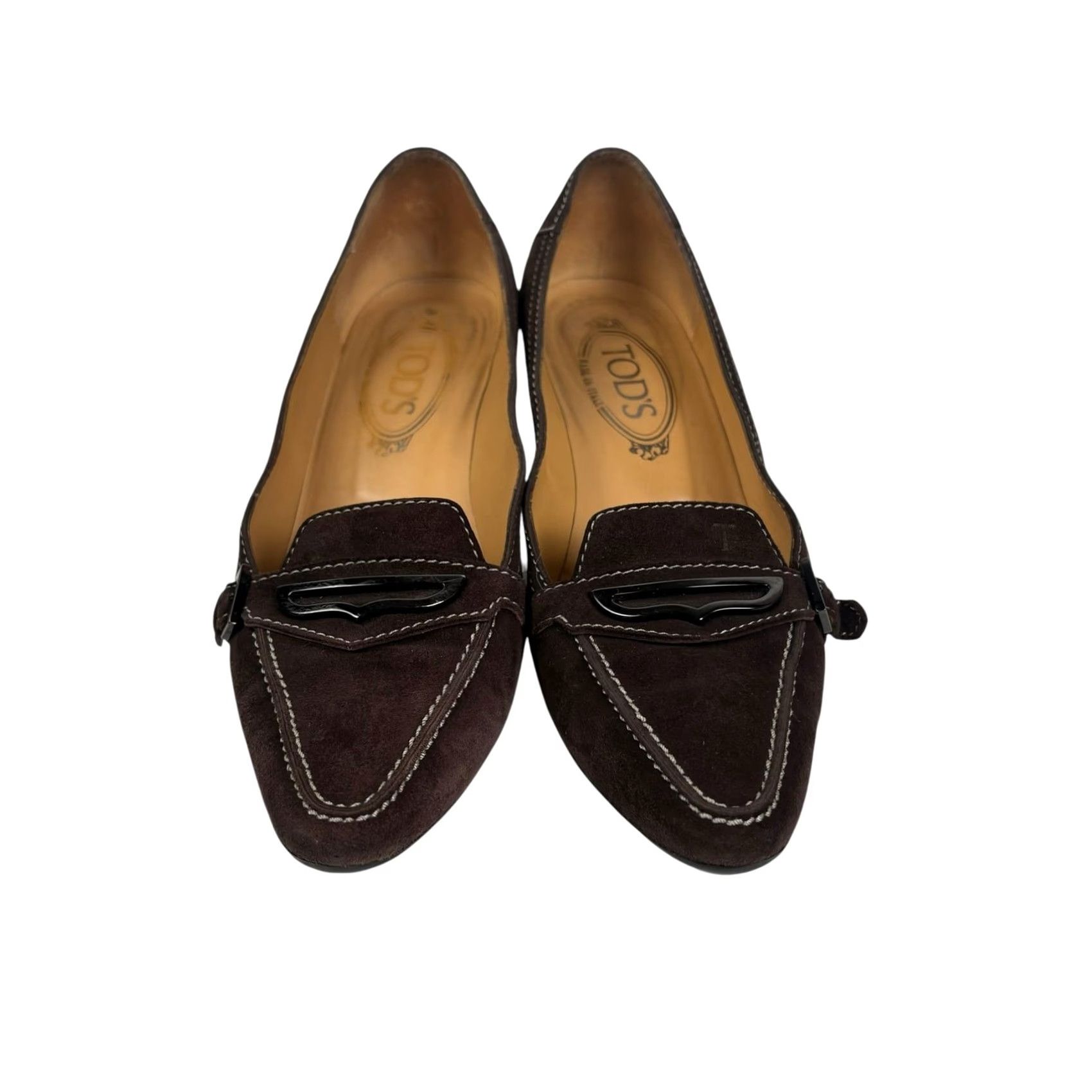 Vintage Tod's Dark Brown Suede Leather Low Heel Loafer Pumps Women's 7.5 Pointed Toe Mid Heel Leather Italy Workwear 2.5" Size US 8 / IT 38 - 2 Thumbnail