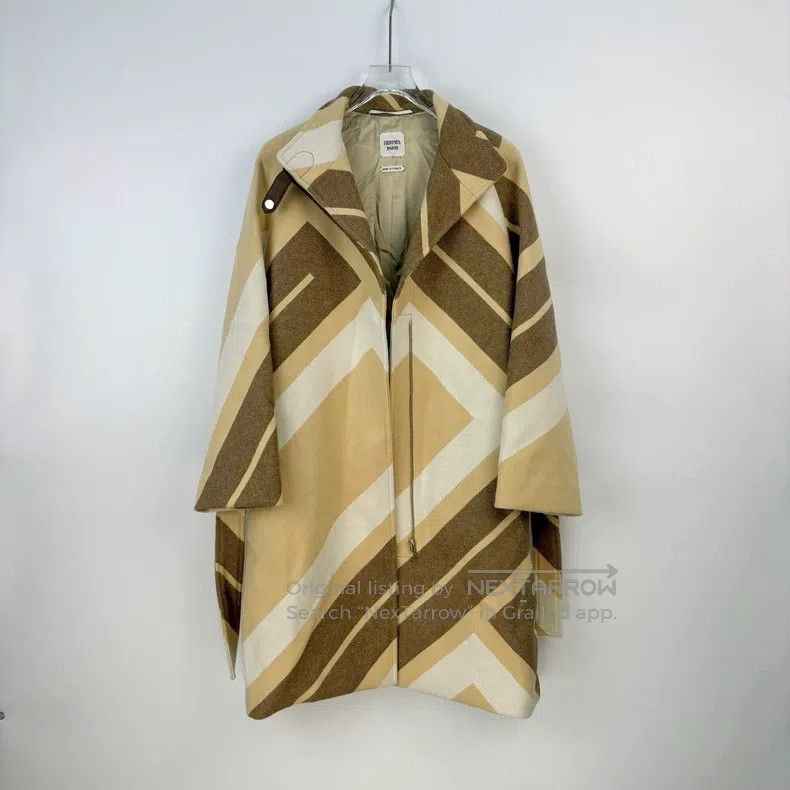 Hermes Beige Geometric Pattern Belted Wool Coat