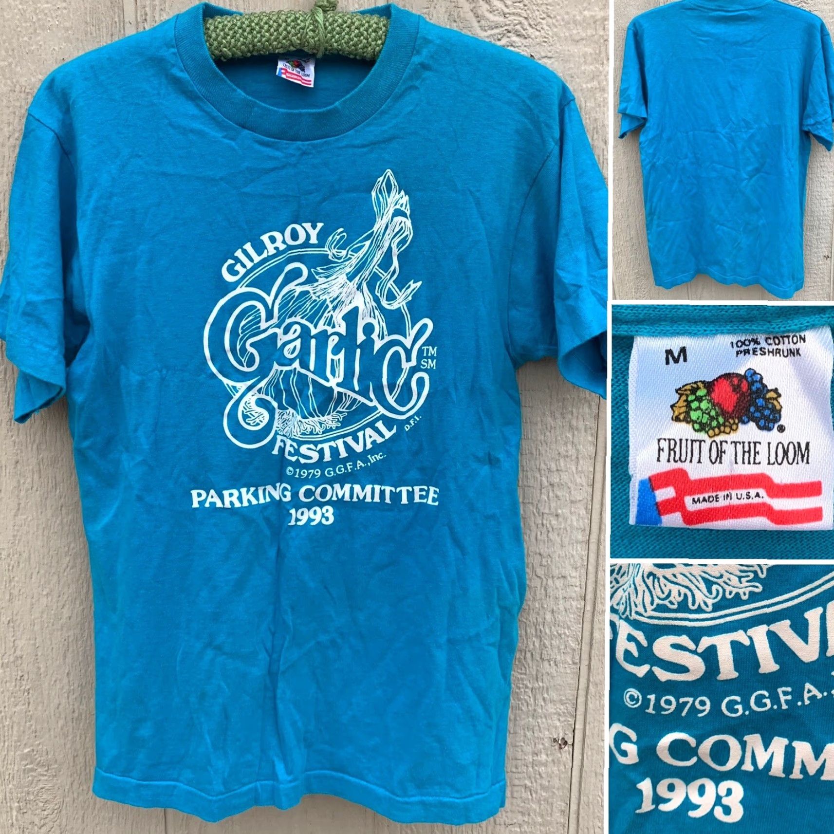 Fruit Of The Loom VINTAGE Gilroy Garlic Festival GGFA Inc Parking Committee 1993 t shirt M blue cotton Men Turquoise Graphics Tee Sportswear/Beach 1990s Shirt Size US M / EU 48-50 / 2 - 2 Thumbnail