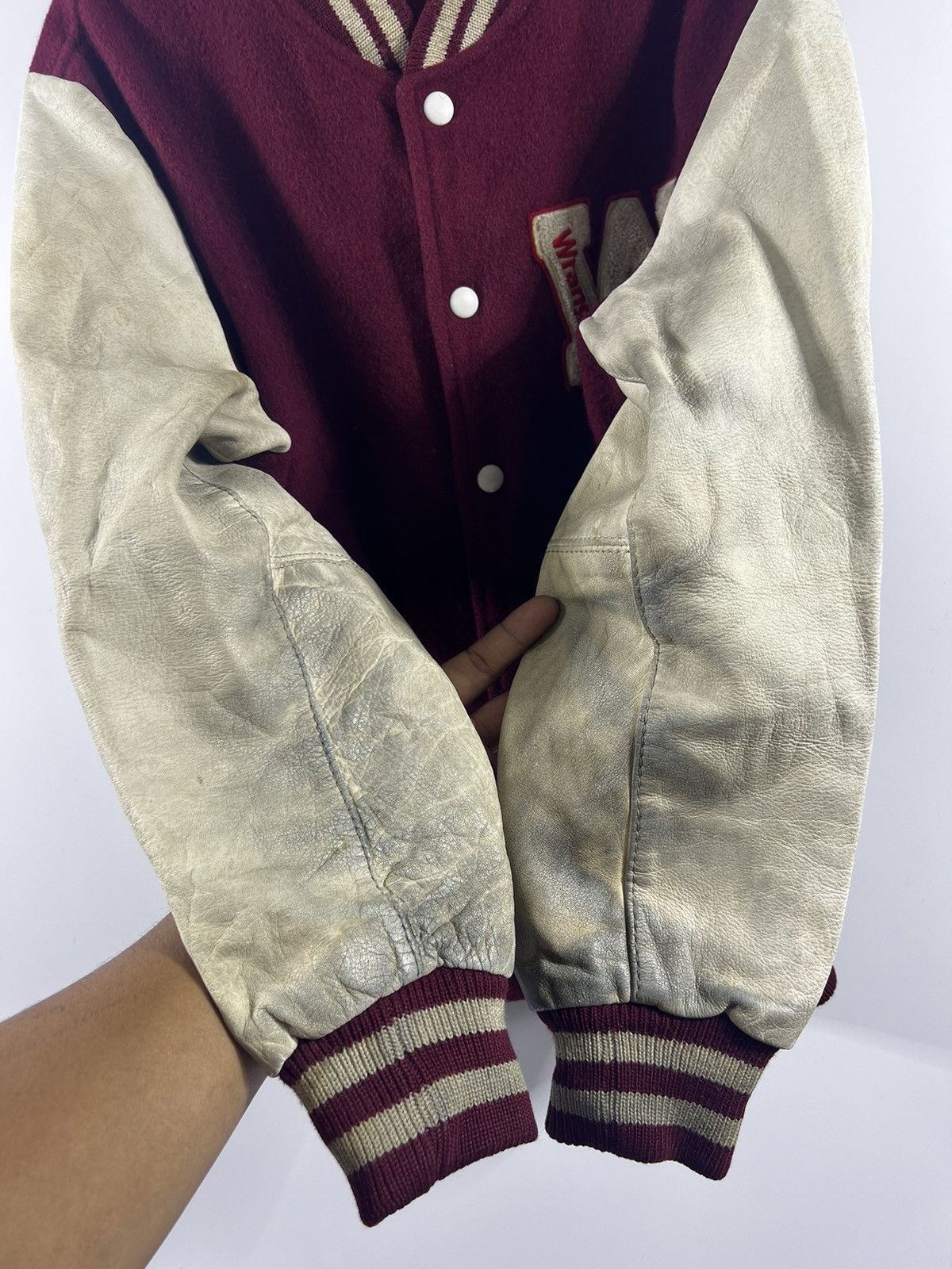 Vintage 🔥 Vtg 90's japan Wrangler Leather Sleeves Varsity Jacket Size US S / EU 44-46 / 1 - 8 Thumbnail