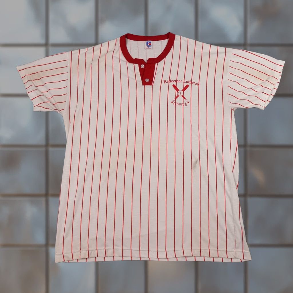 Russell Athletic VINTAGE Russell Athletic Redeemer Lutheran Church Shirt Mens XL White Red Pinstripe Size US XL / EU 56 / 4 - 1 Thumbnail