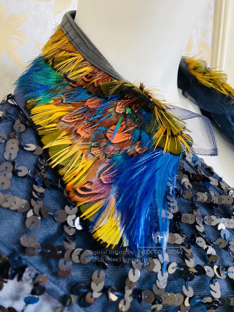 Valentino Valentino Navy blue sequin sweater feather collar dress Size S / US 4 / IT 40 - 1 Thumbnail