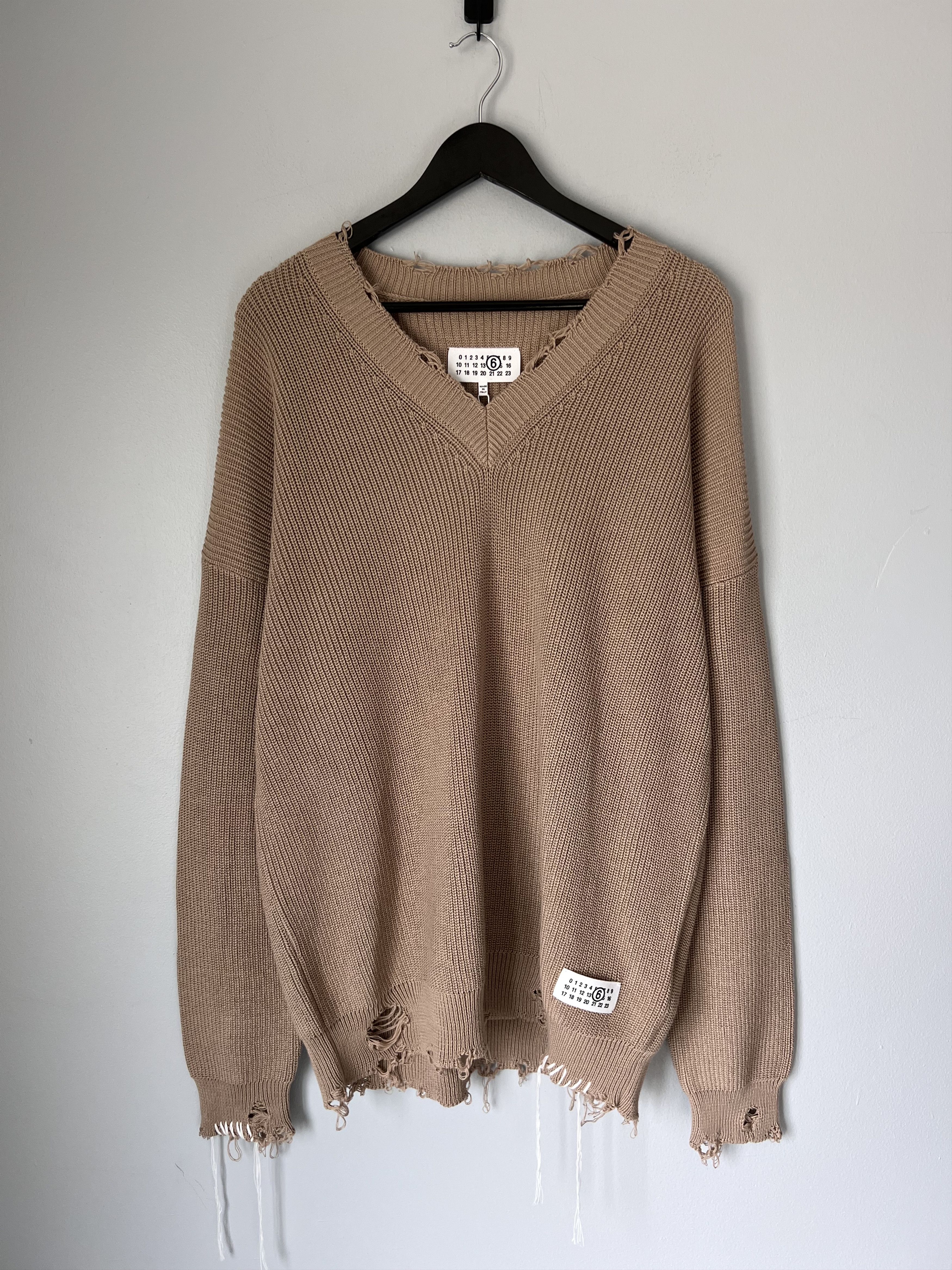 Maison Margiela MM6 Maison Margiela Distressed Knit V-Neck Sweater in Camel Size US L / EU 52-54 / 3 - 1 Thumbnail