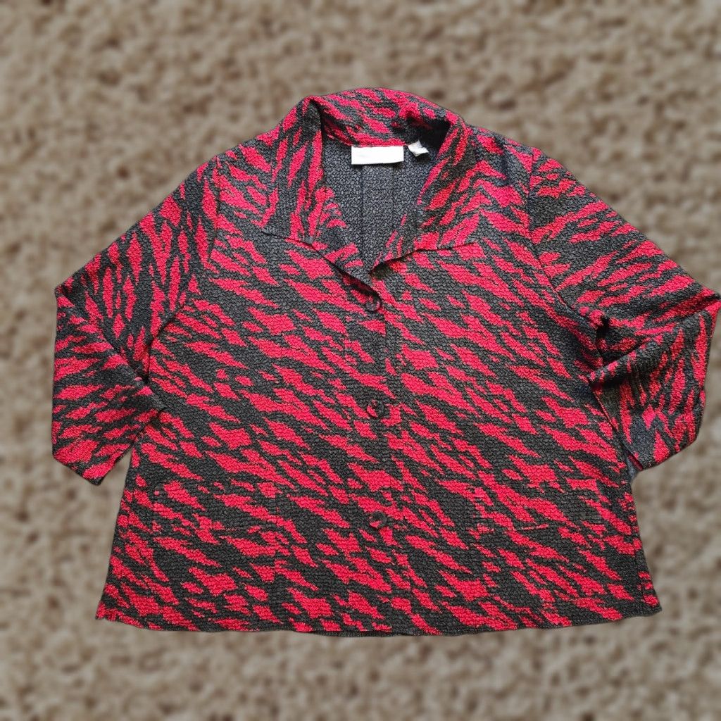 Vintage Chico's Women's Jacket XL Red Black Traveler Crepe Texture No Iron Stretchy 3/4 Sleeve Geometric Pattern Business Casual Travel Jacket Size XL / US 12-14 / IT 48-50 - 1 Thumbnail