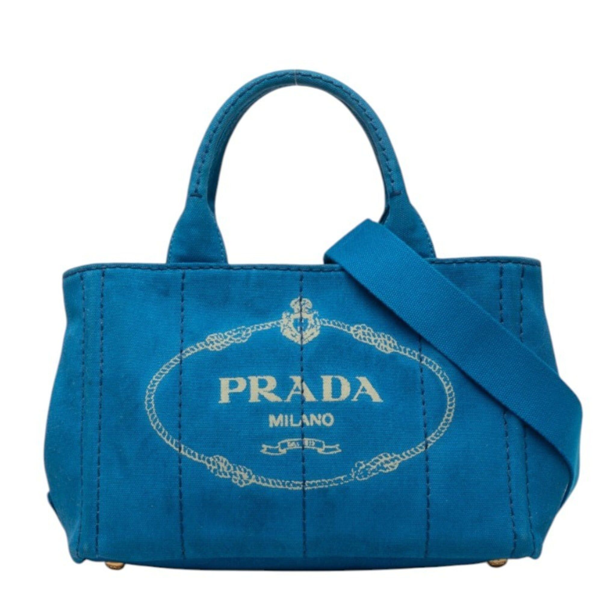 Prada Prada Canapa Light Blue Canvas Hand Tote Bag W Strap/Card