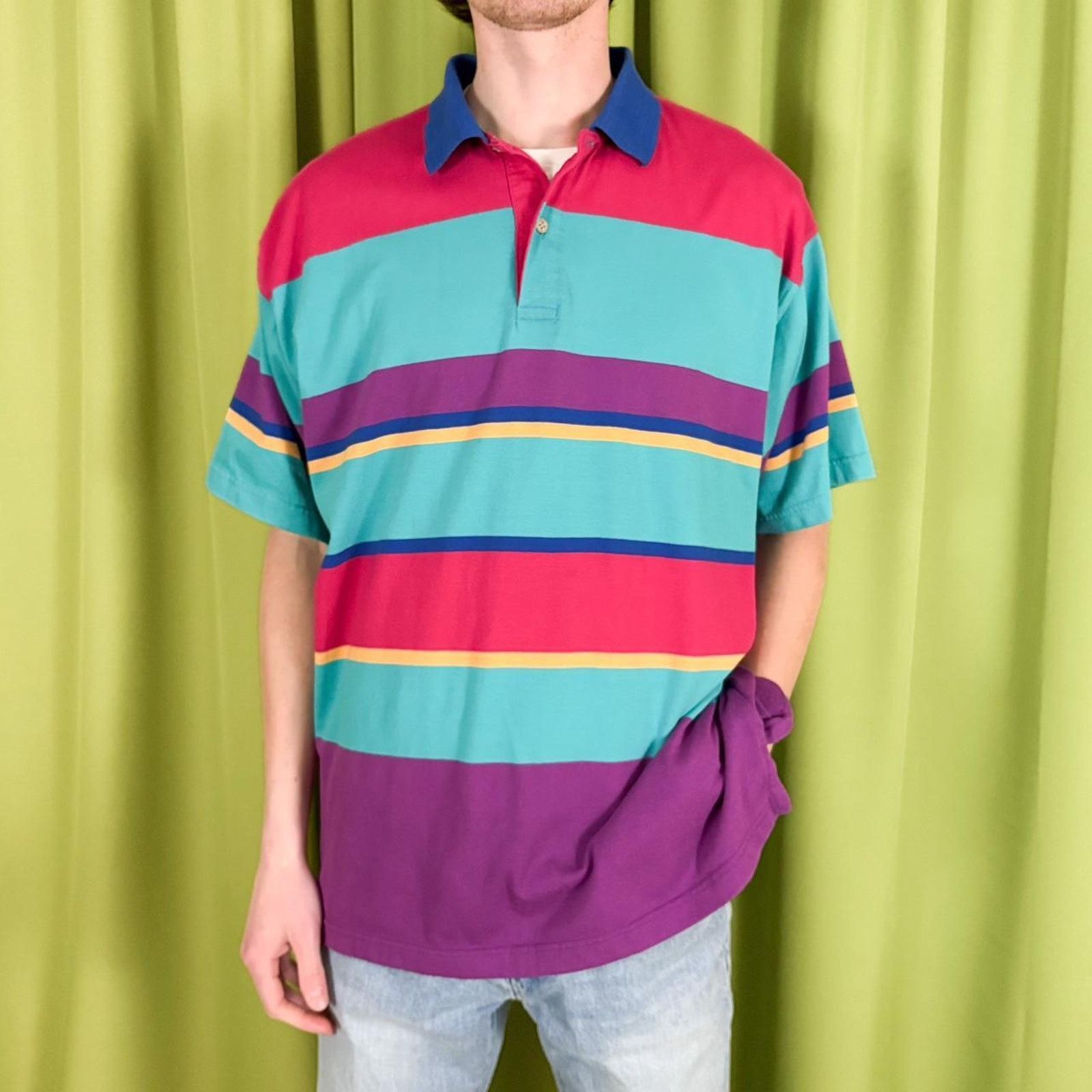 Steeplechase 80s Vintage Multi-Coloured Striped Polo Shirt Size US XL / EU 56 / 4 - 1 Thumbnail