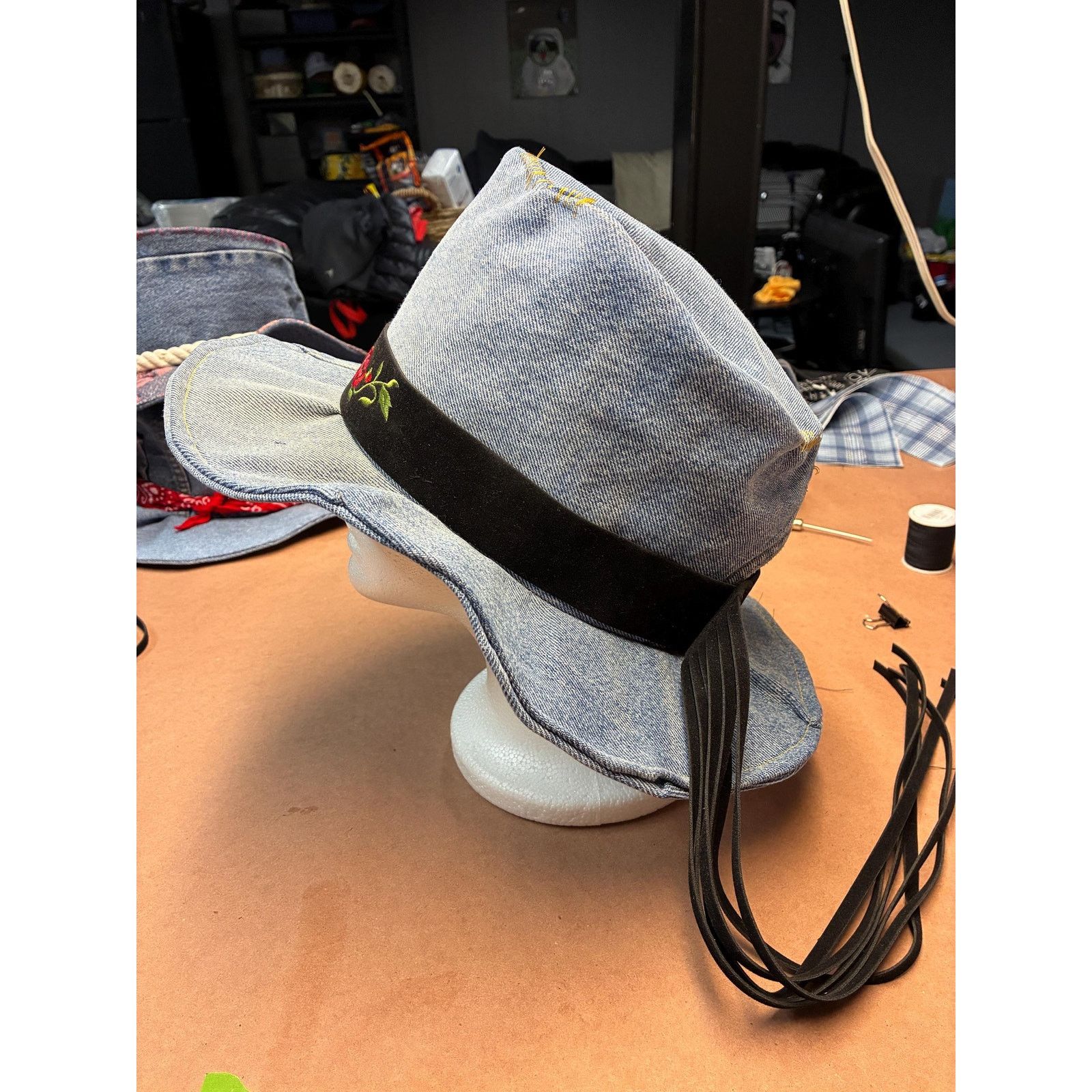 Other Upcycled Denim Western Hat — Embroidered Rose Band, Blue Size ONE SIZE - 5 Thumbnail