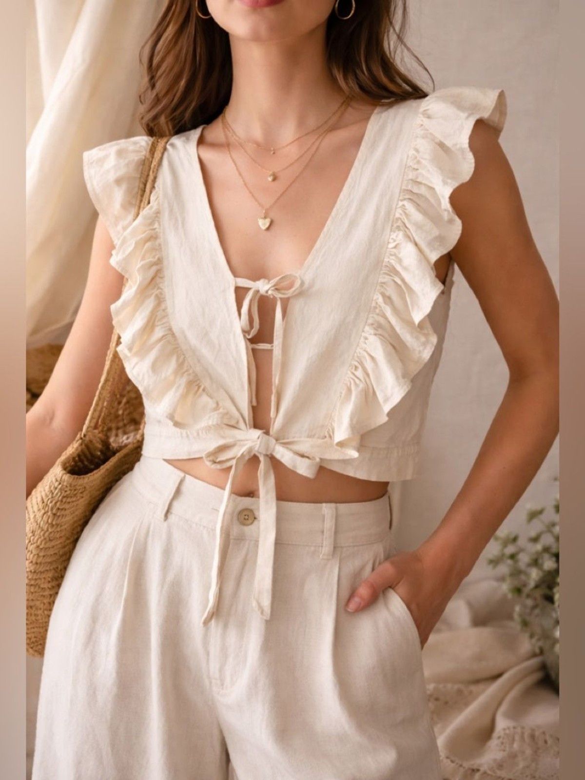 Other Handmade Embroidered Cotton Vest Tie Front Ruffle Crop Top Size S / US 4 / IT 40 - 1 Thumbnail