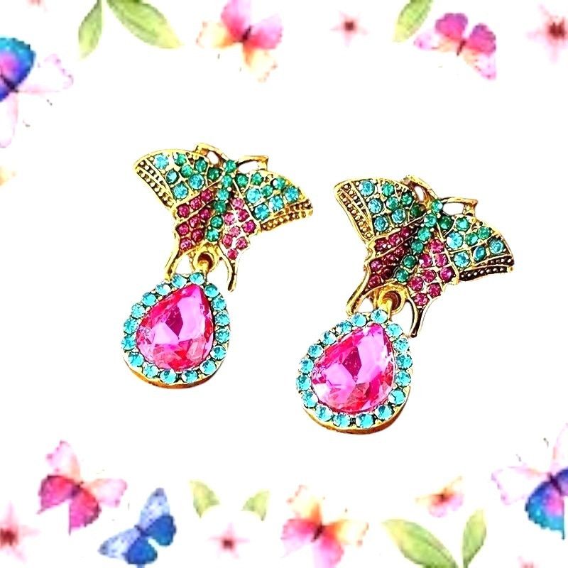 Handmade Butterfly Earrings Rhinestones Drop Dangle Crystal Accents A Size ONE SIZE - 1 Thumbnail