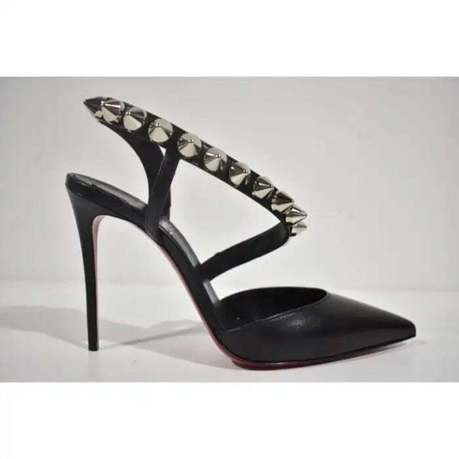 Christian Louboutin Spikita Pump 100 Black Silver Spike Strappy Sandal Heel 39 Size US 9 / IT 39 - 2 Thumbnail