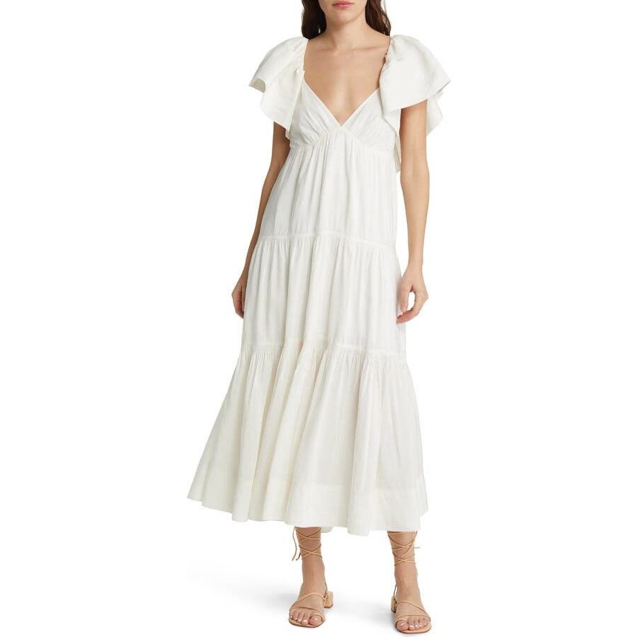 image of La Ligne Stella White Linen Flutter Sleeve Midi Dress Xs, Women's