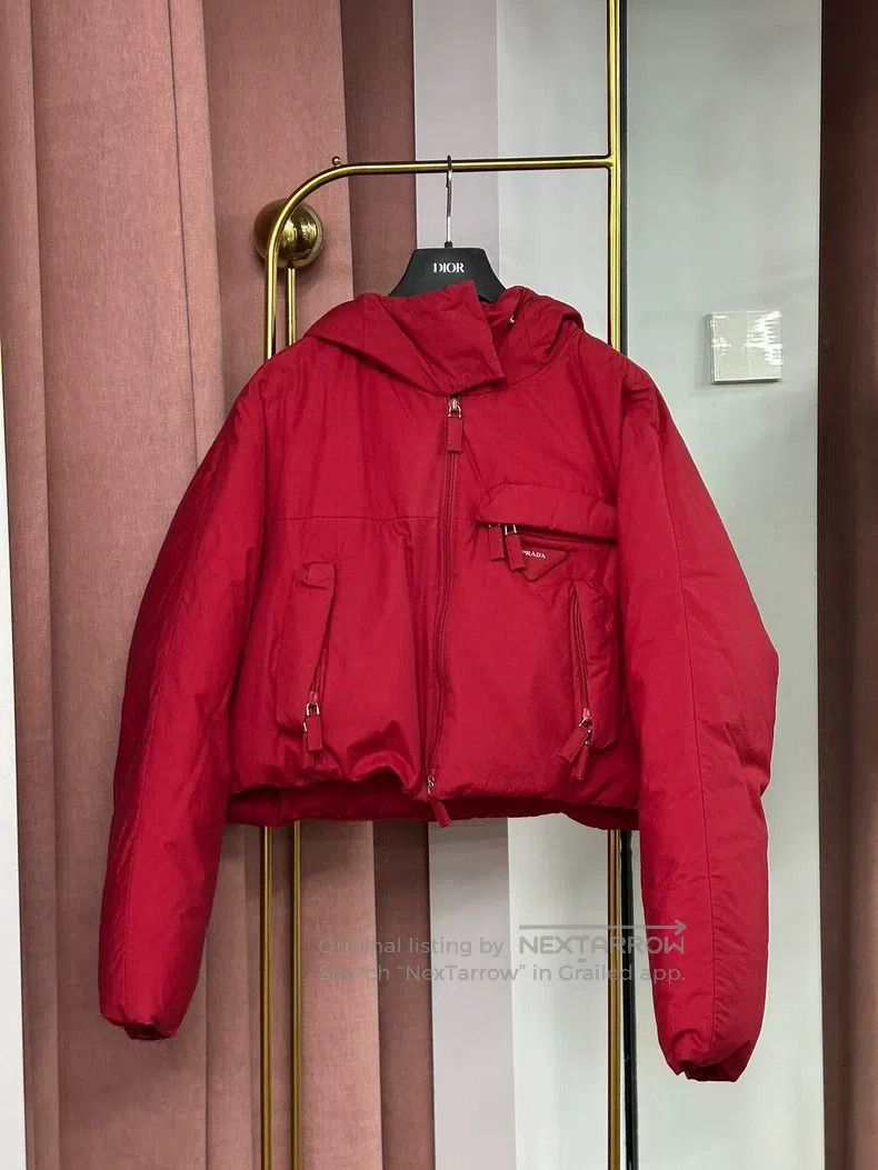 Prada Red letter short down jacket
