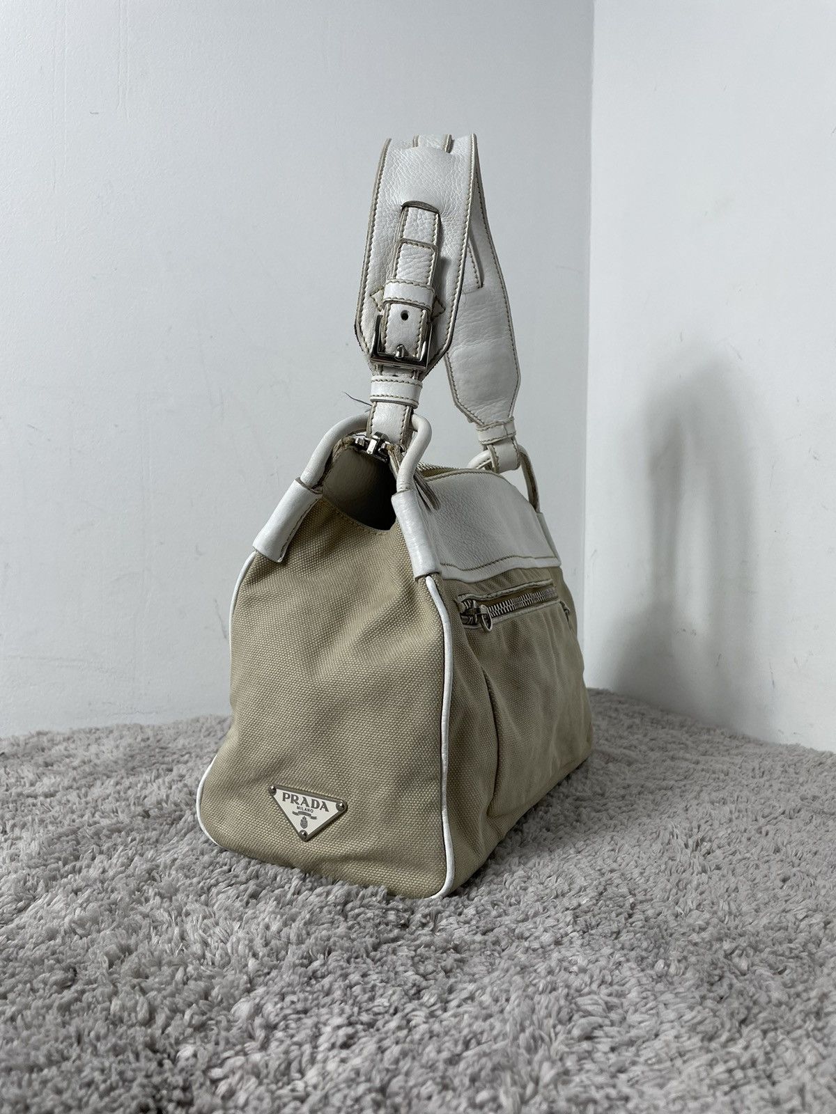 Prada Very Rare Prada Leather CANVAS SHOULDER BAG BEIGE Size ONE SIZE - 6 Thumbnail