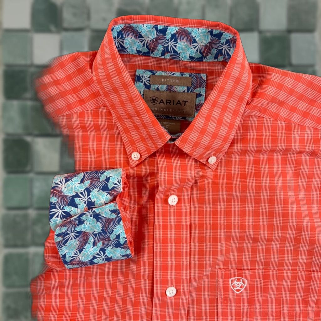 Ariat ARIAT Wrinkle-Free Winston Fitted Shirt Men Medium Flame Coral Plaid Flip Cuffs Size US M / EU 48-50 / 2 - 1 Thumbnail