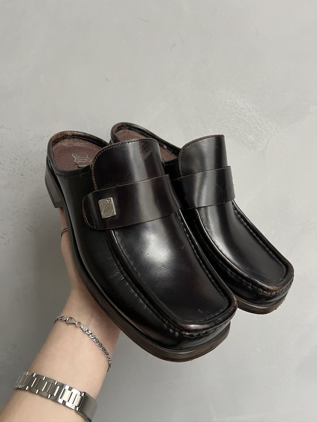 Avant garde y2k leather mules square toe hedi slimane style